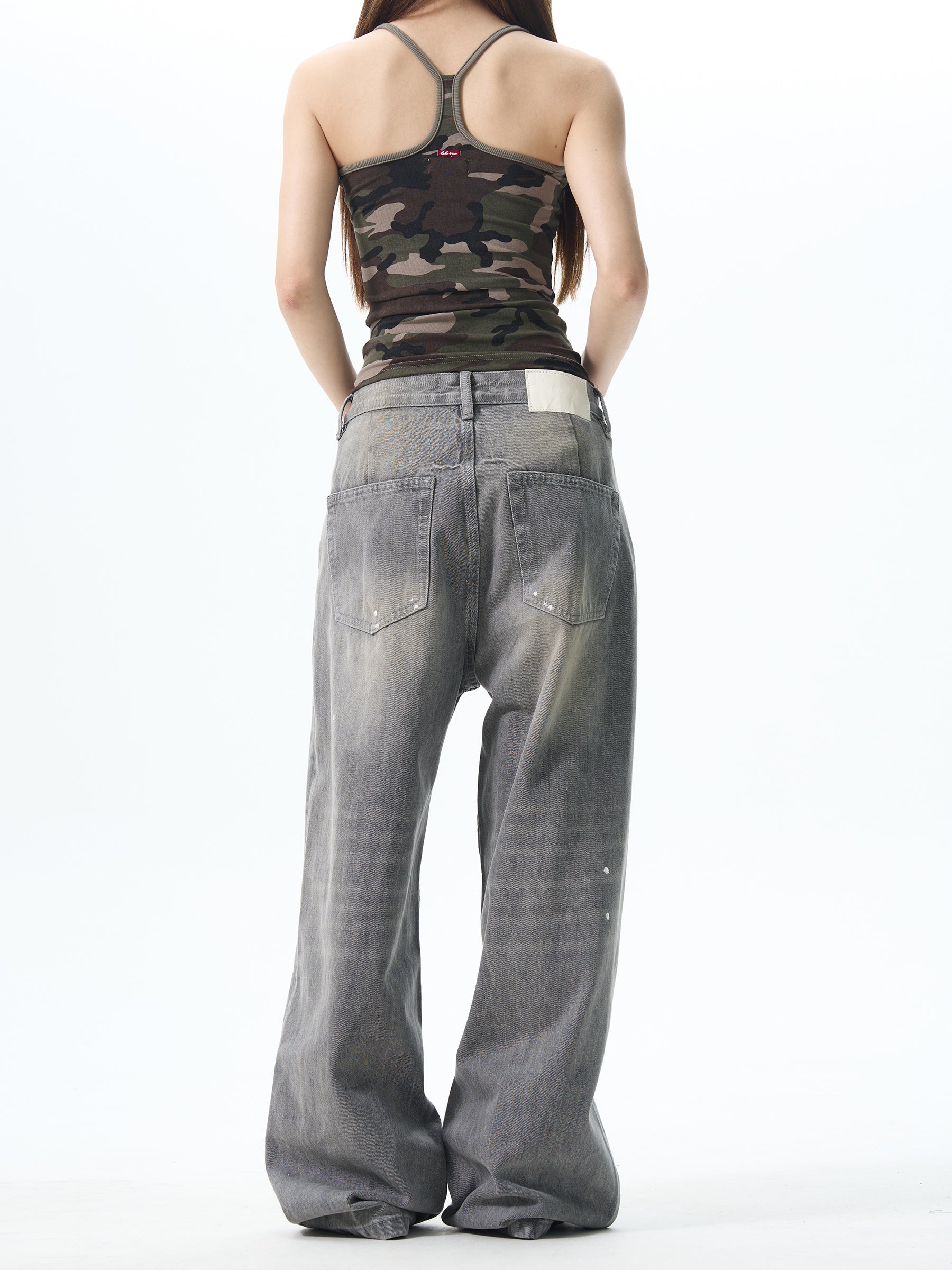 Gray Washed Wide Leg Jeans