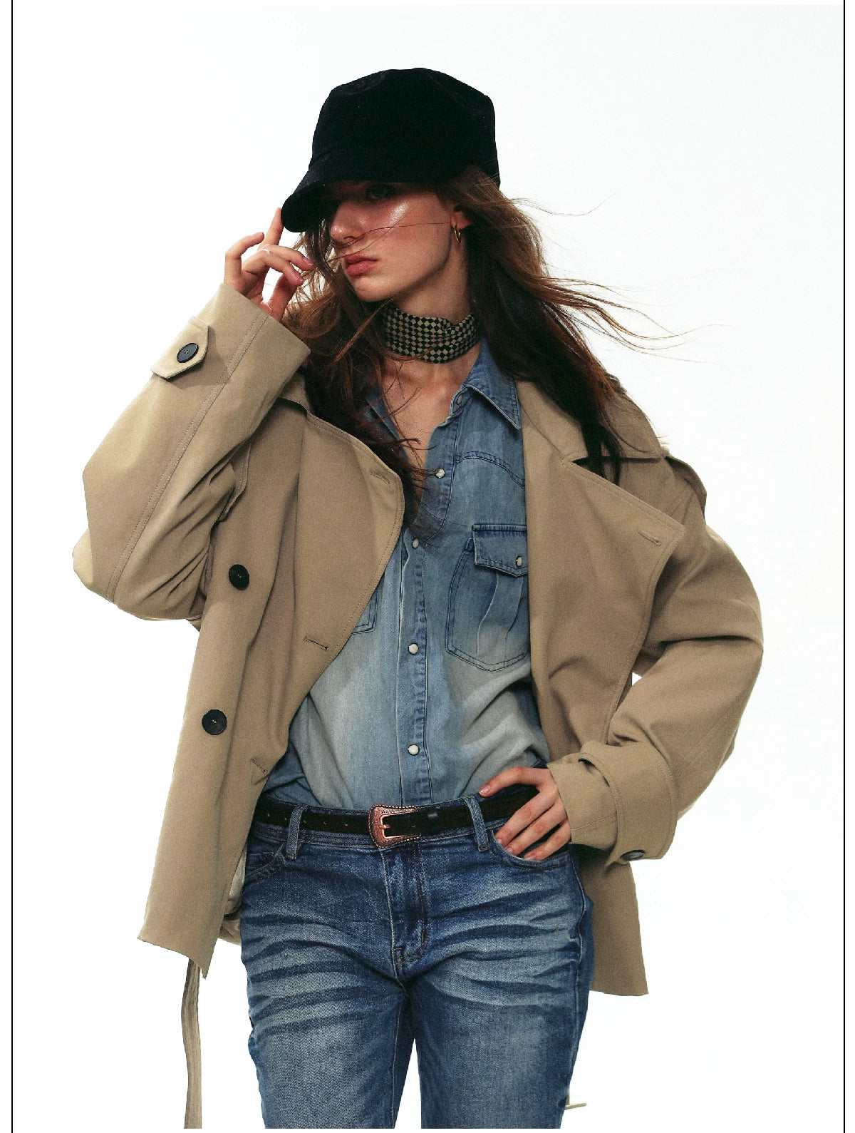Draped Collar Belted Trench Jacket