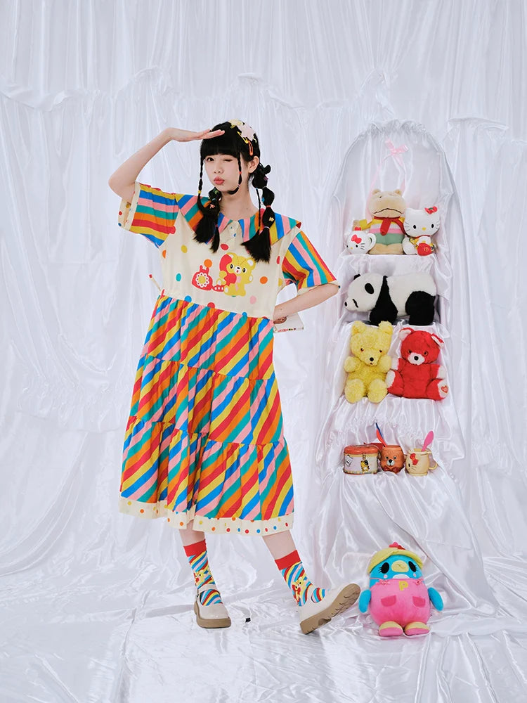 Rainbow Stripe Teddy Bear Party Dress