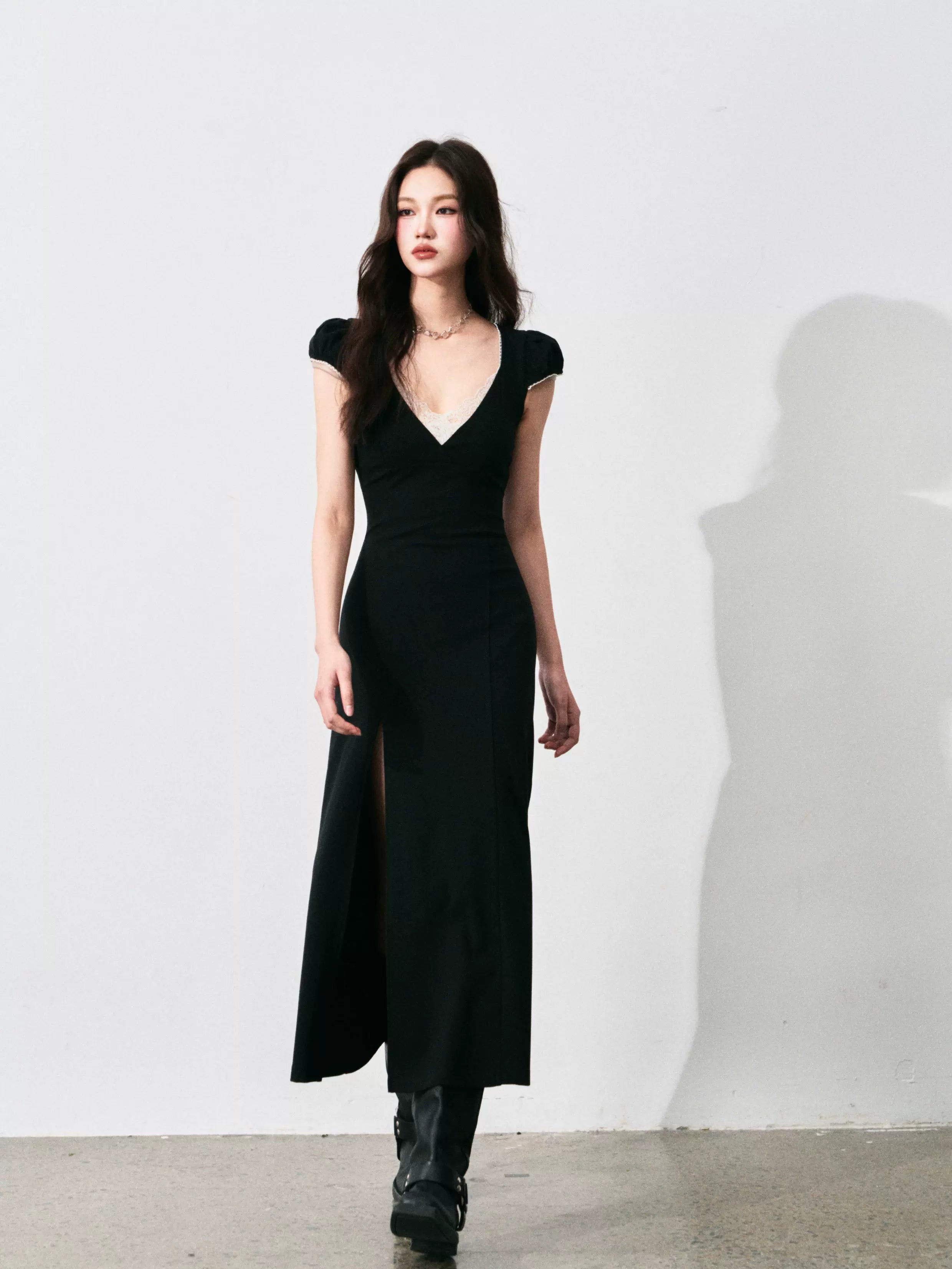 Noir Muse Lace‑Slit Dress