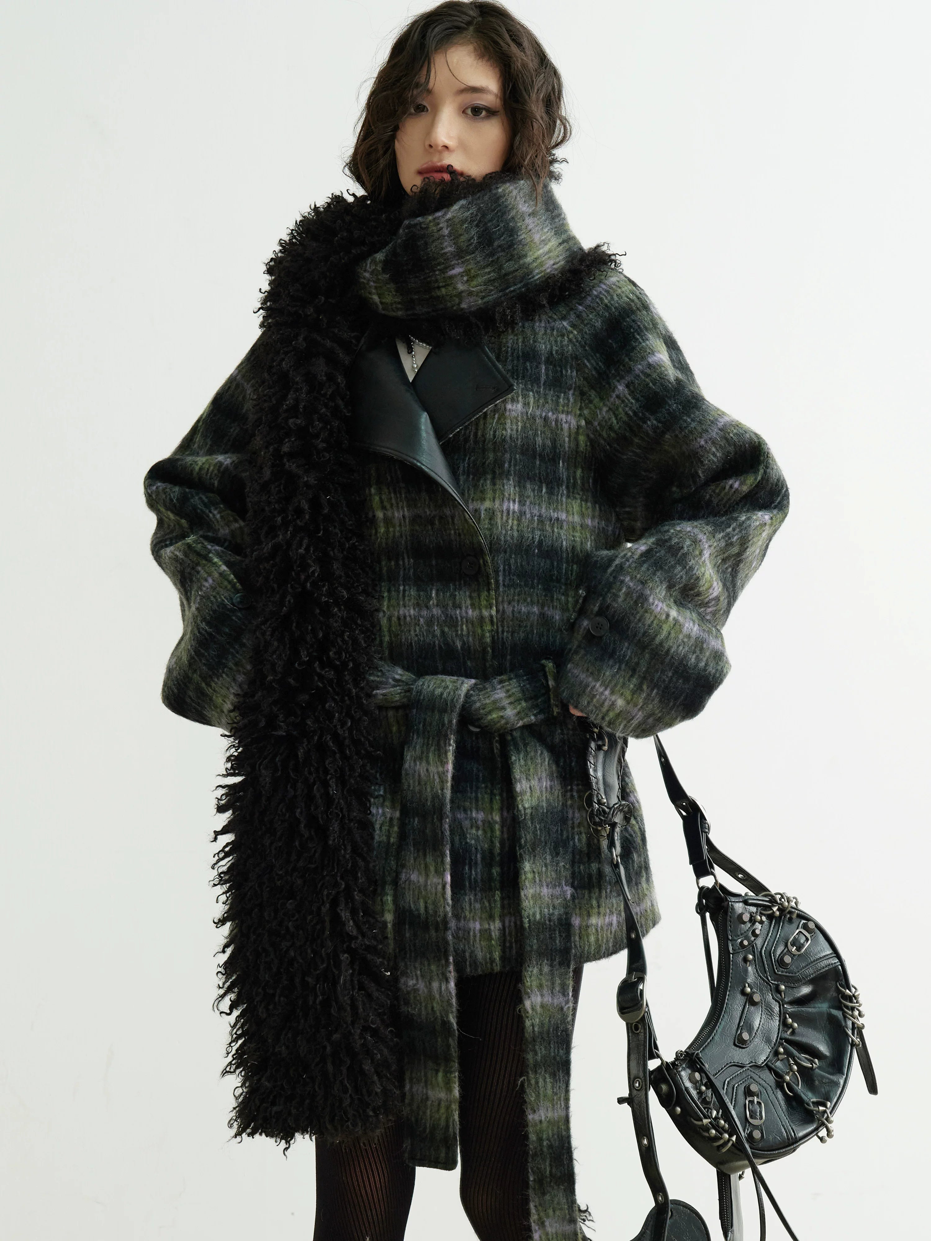Shadow Plaid Fringe Wrap Coat