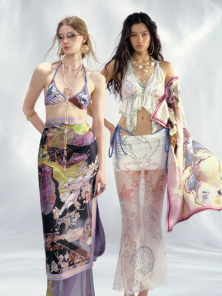 Vintage Satin Print Square Towel Tube Top