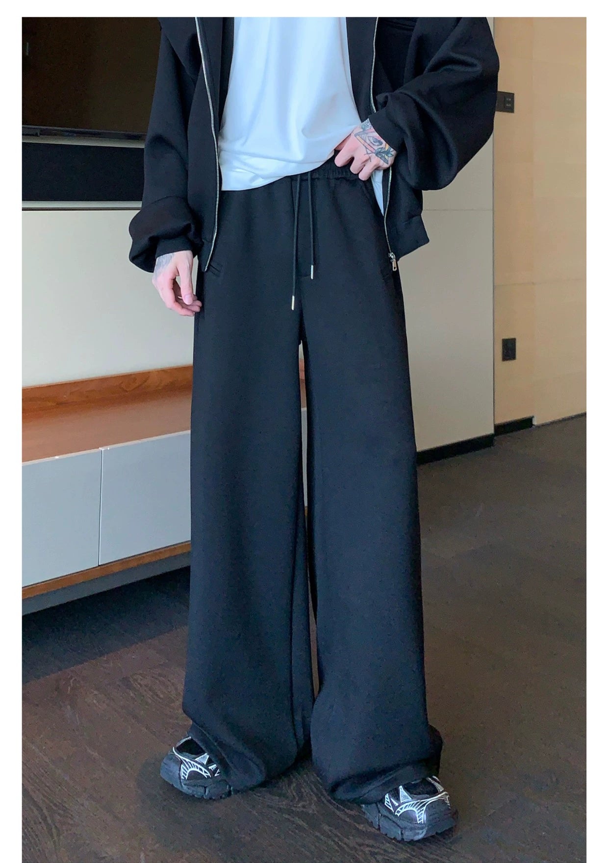 Shoulder-Padded Hoodie Jacket with Straight-Leg Pants Two-Piece Set