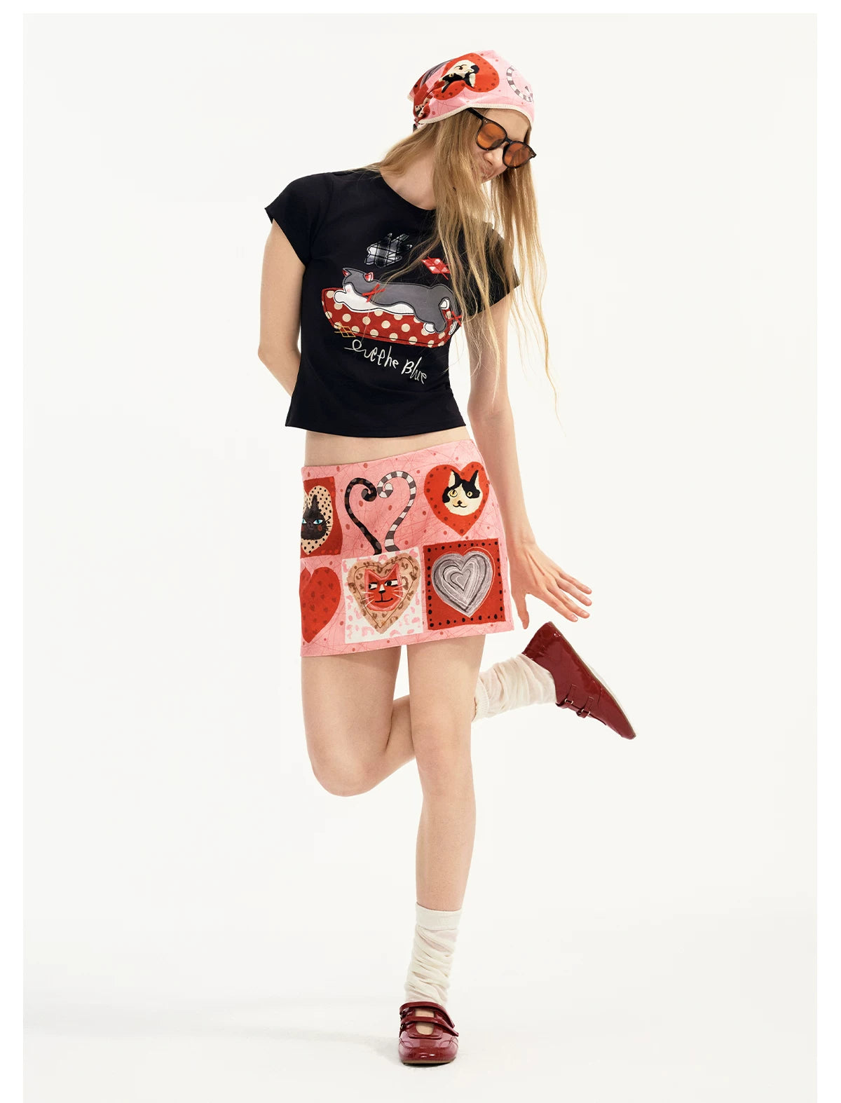 Candy Hearts Kitty Patchwork Mini Skirt