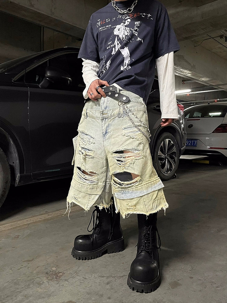 Shredded Edge Ripped Denim Shorts