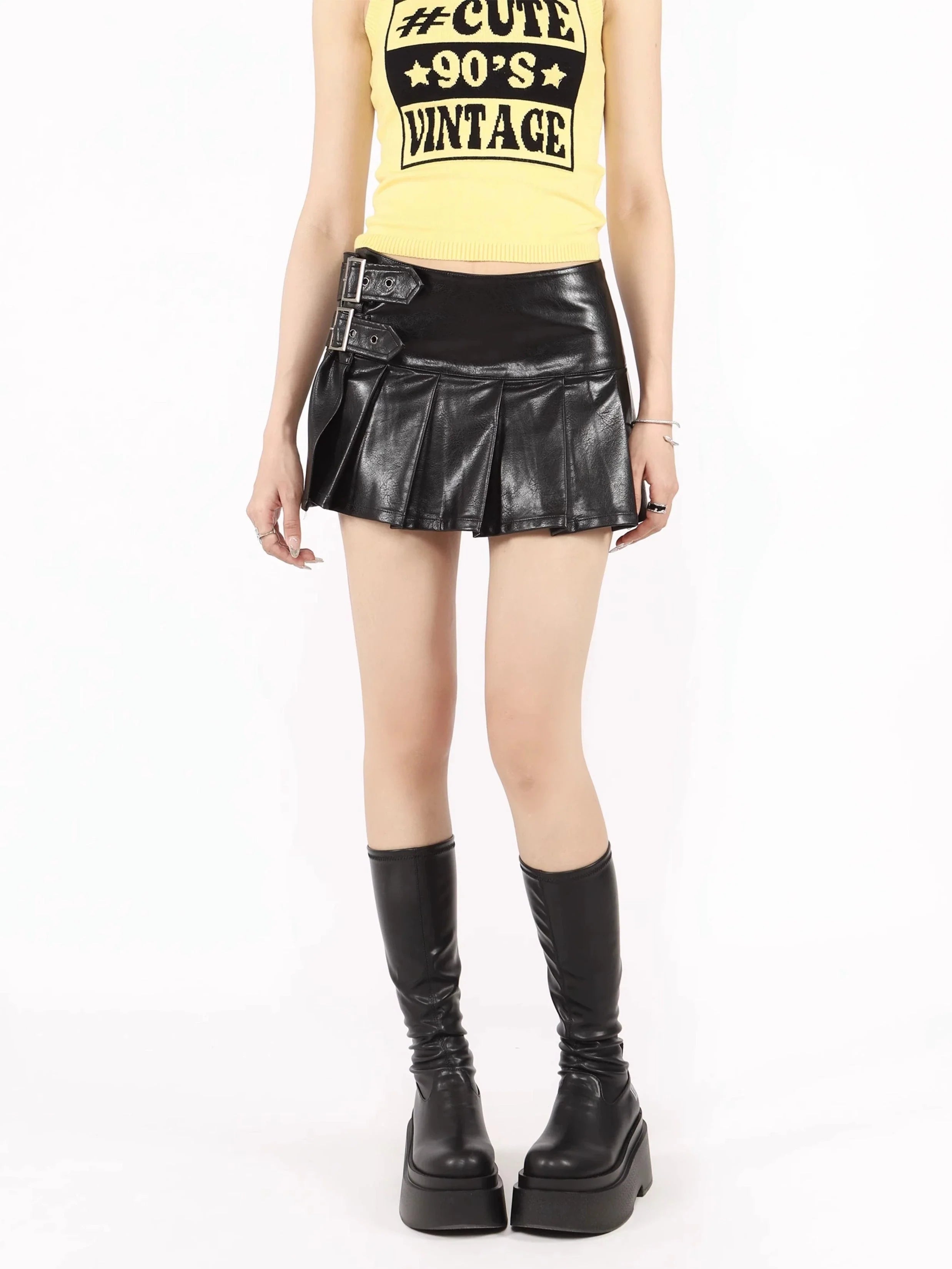 Buckled Leather Pleated Mini Skirt