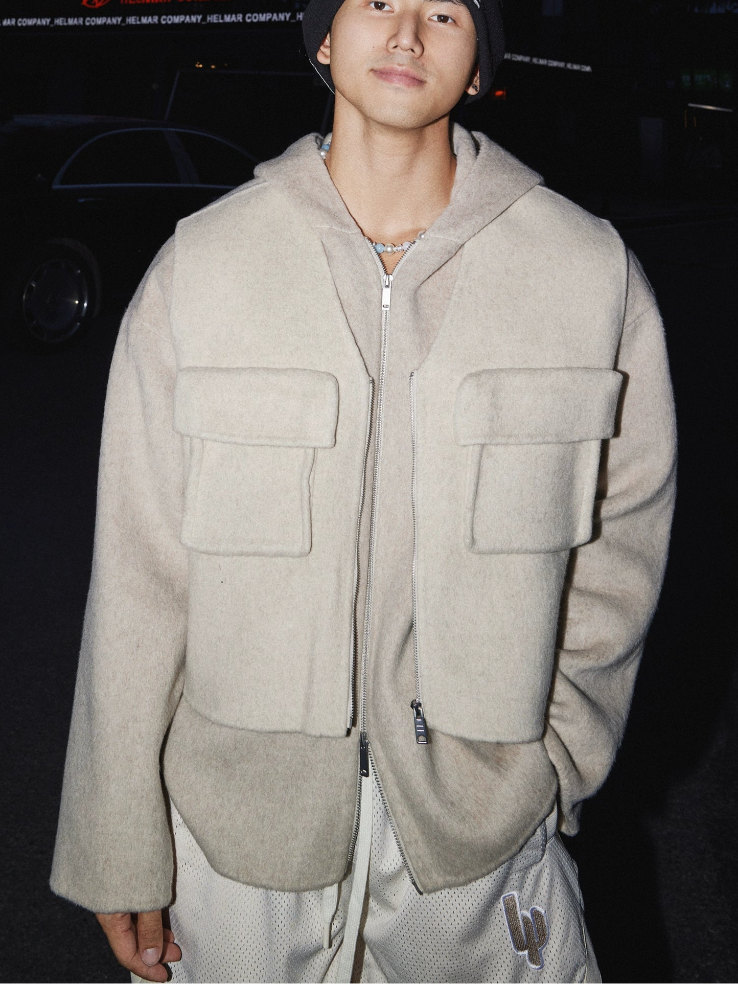 Beige Wool Utility Pocket Zip Jacket