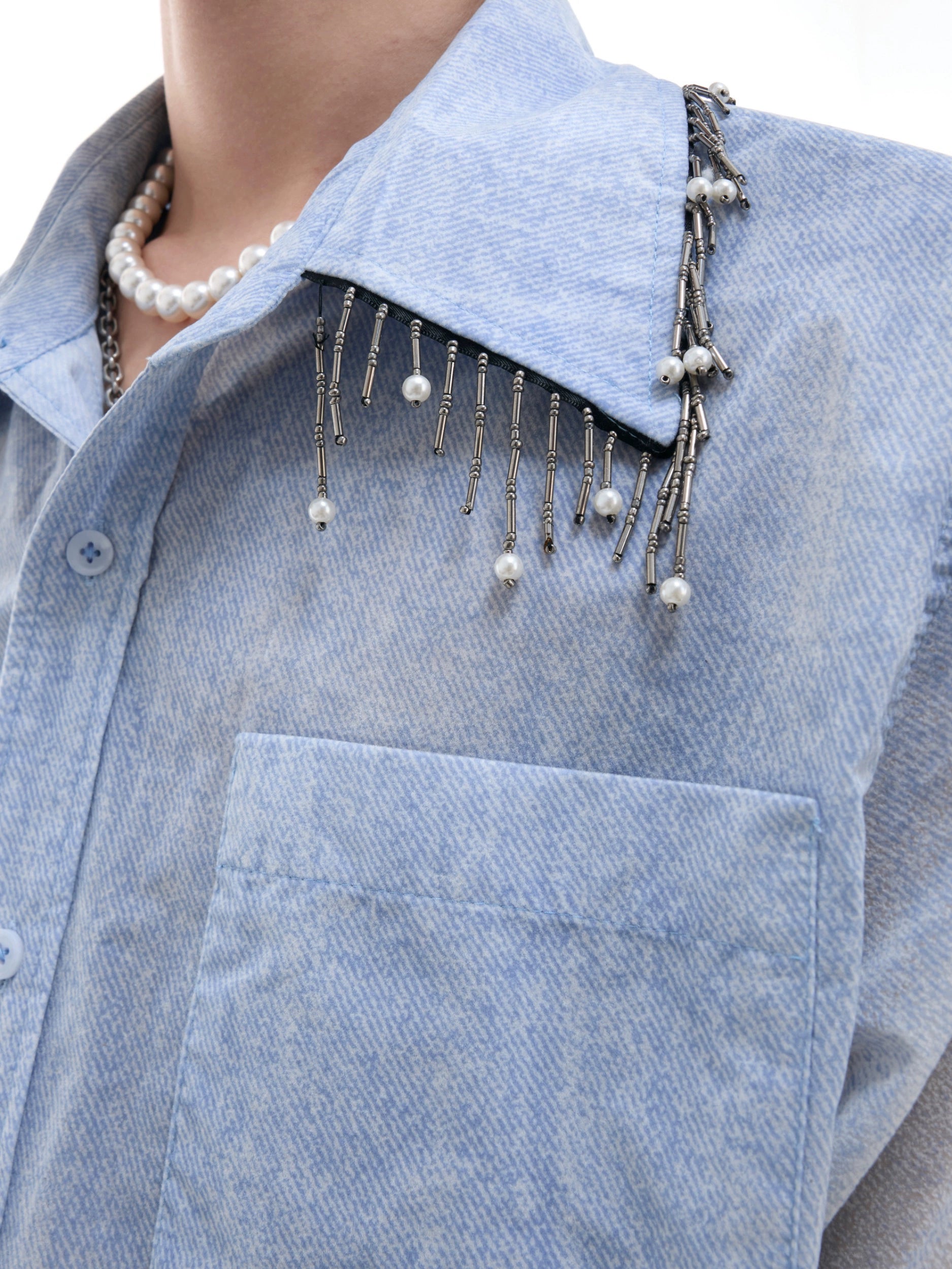 Denim Patchwork Short Sleeve Work Shirt