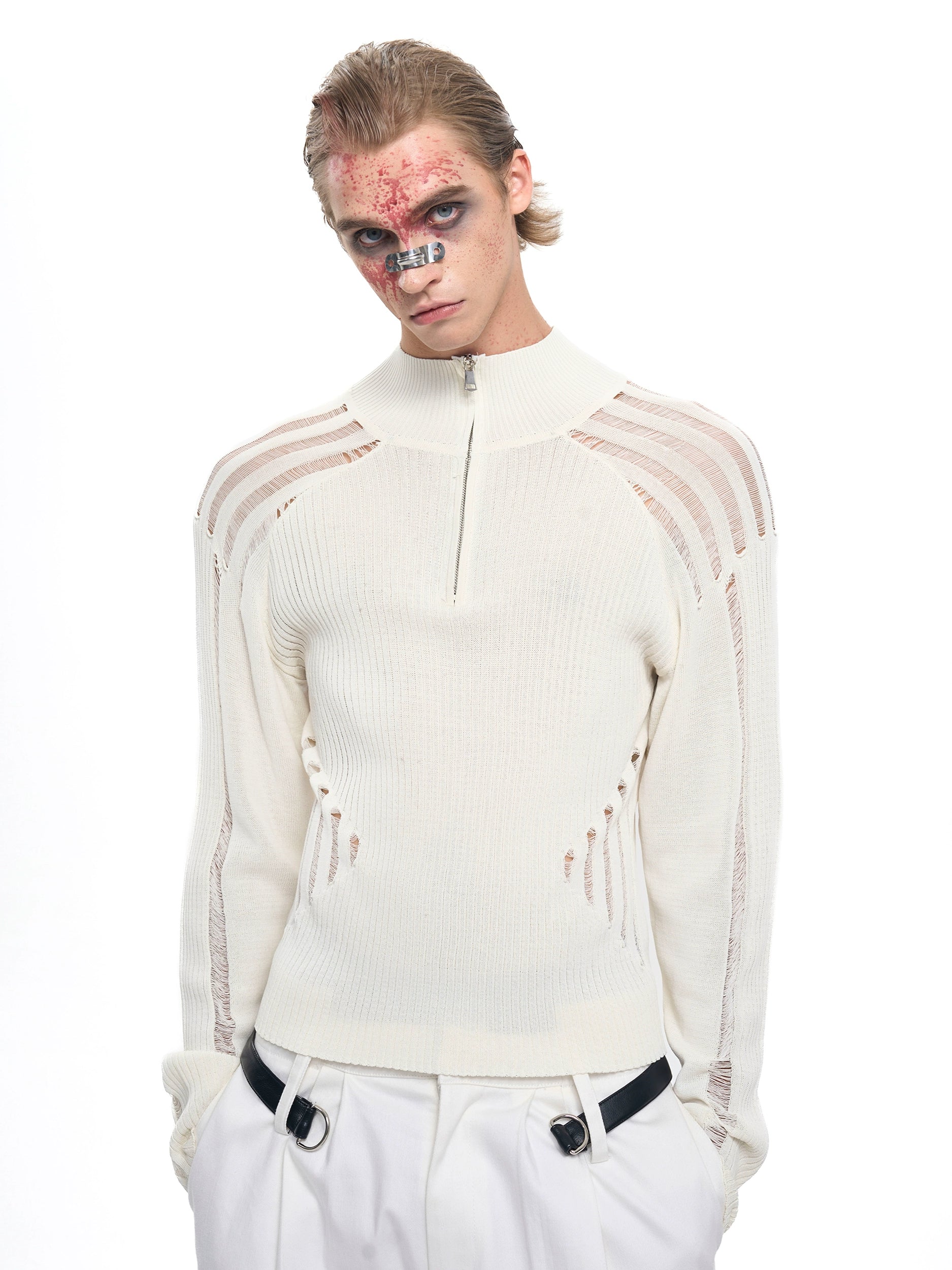 Sheer Panel Ribbed Knit Sweater