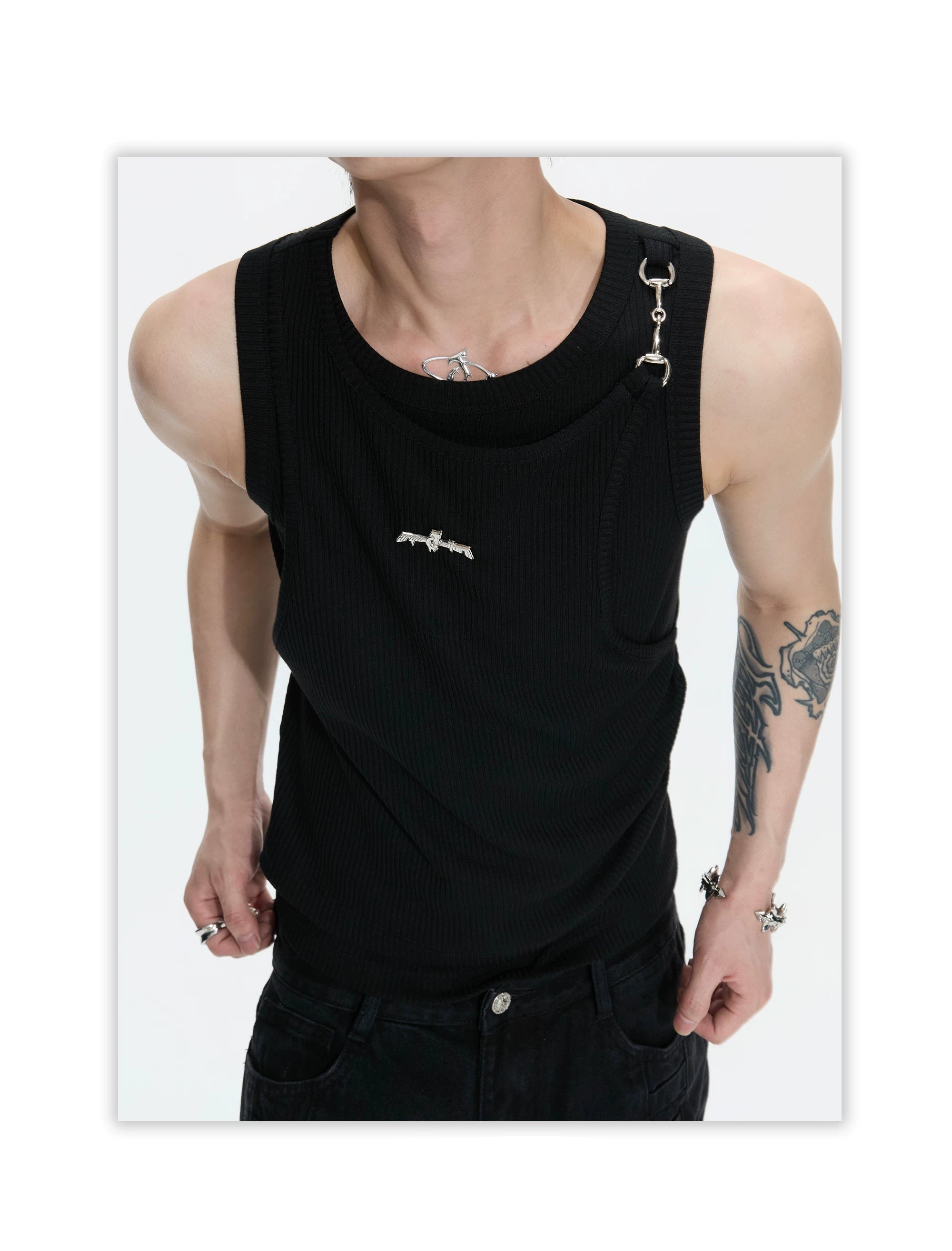 Layered Ribbed Hardware Accent Tank Top