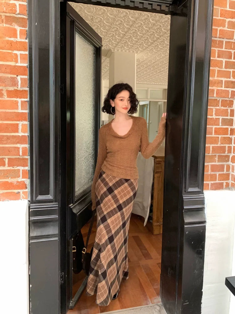 Brown and Black Plaid A-Line Maxi Skirt