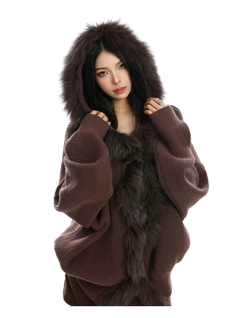 Shadow Luxe Fur-Trim Hooded Knit Cardigan