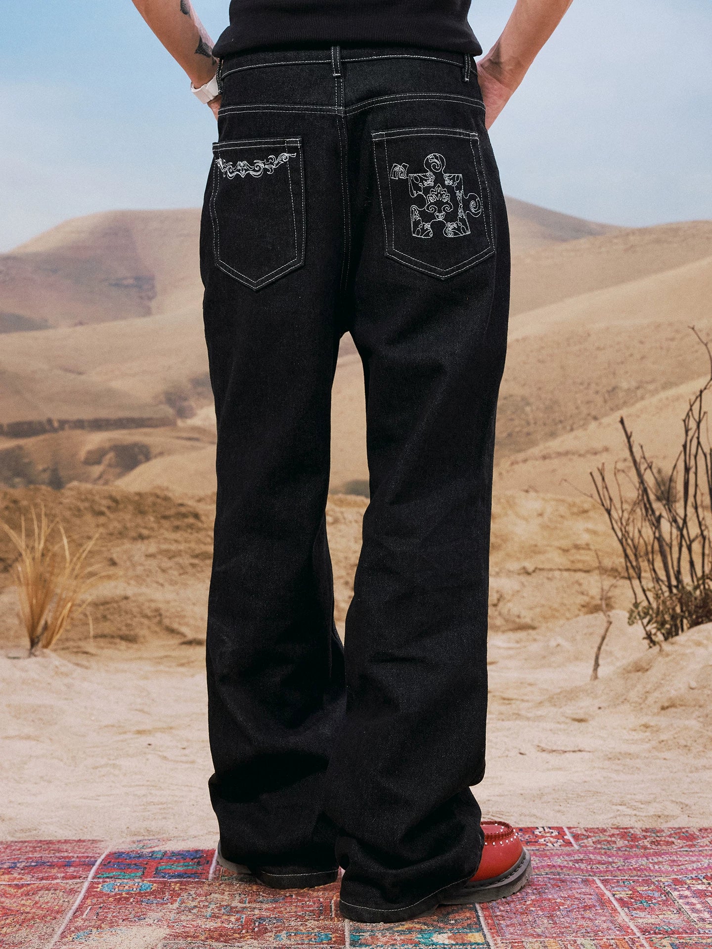 Buckle Embellished Wide Leg Jeans