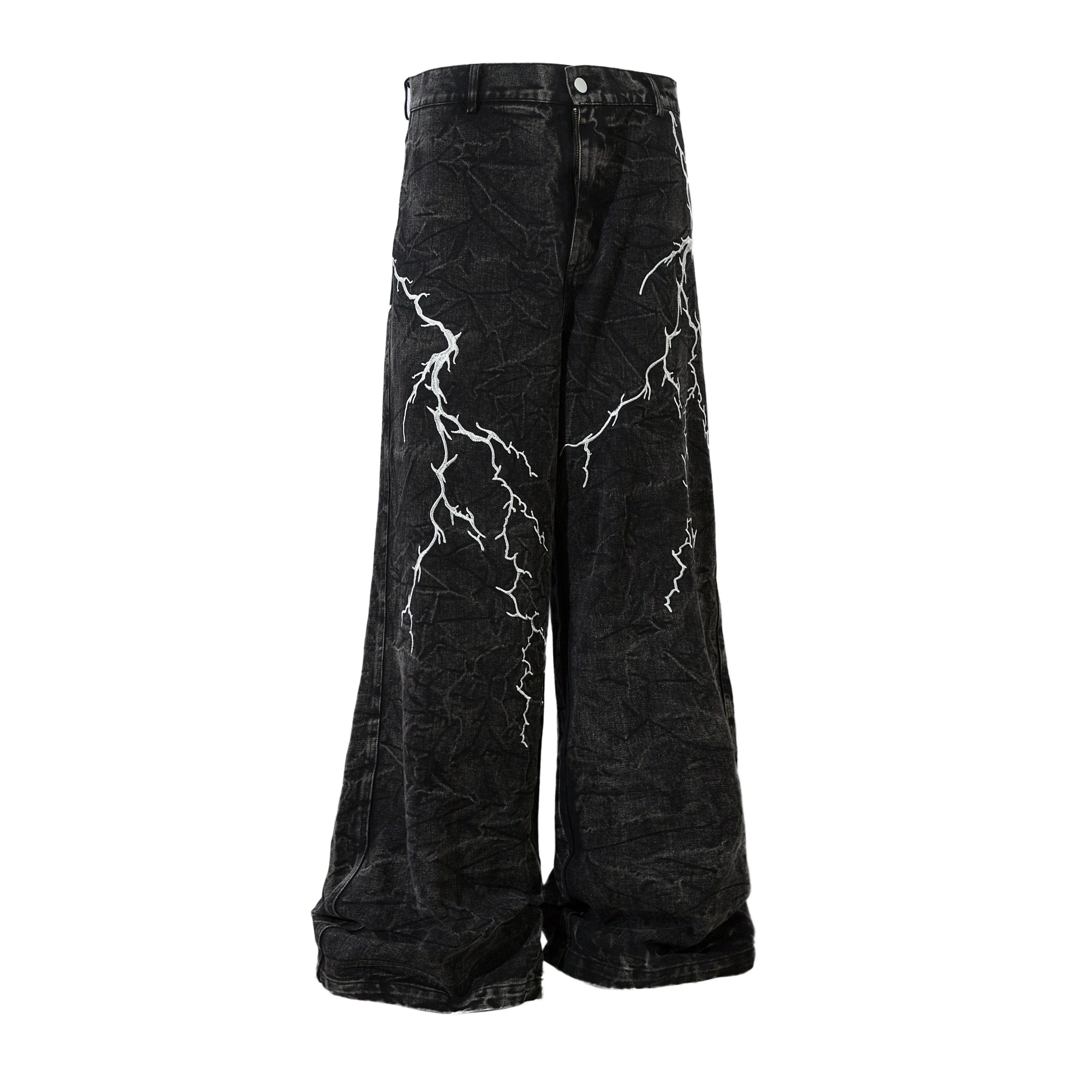 Black Lightning Print Wide-Leg Jeans
