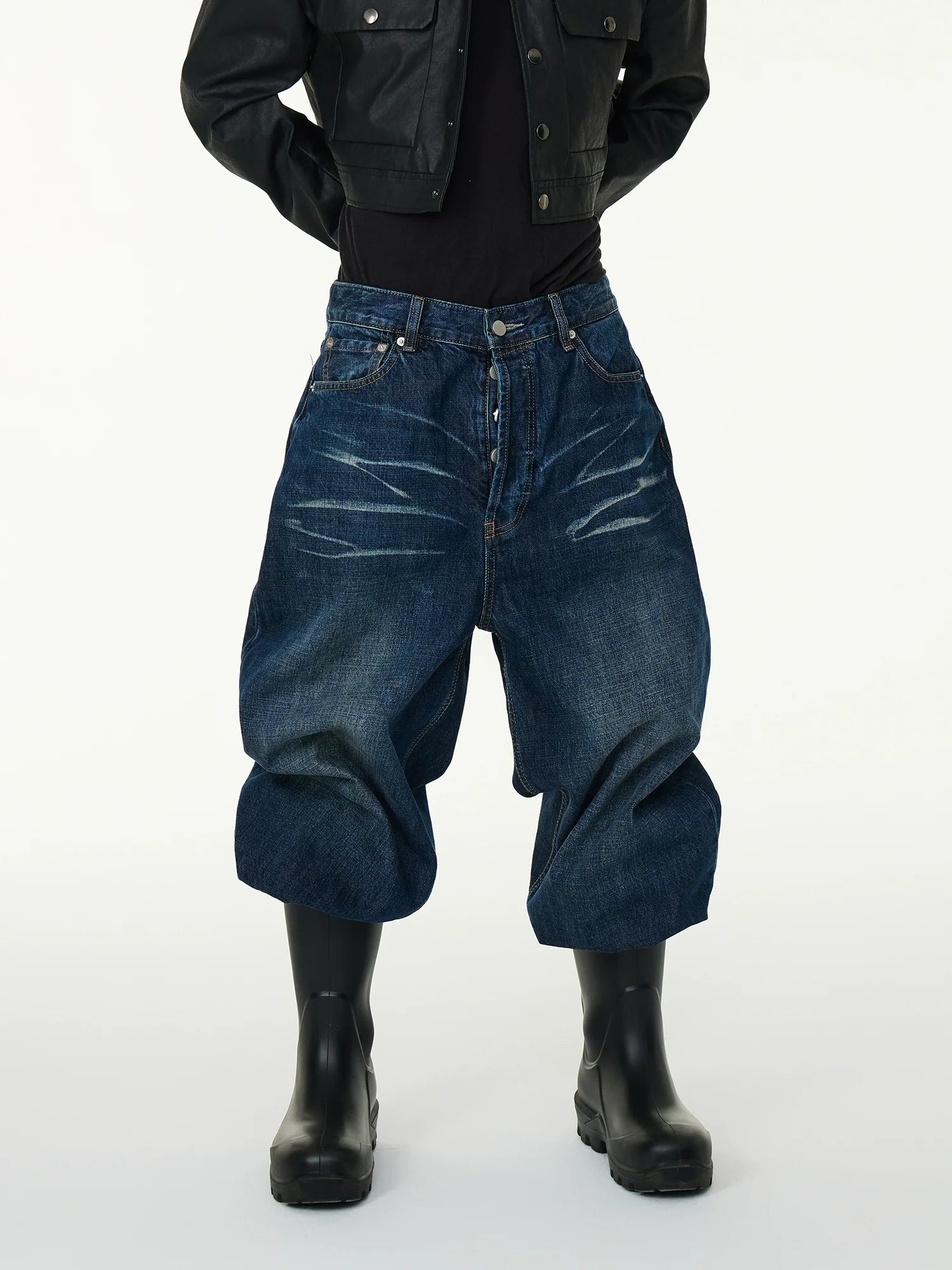 Blue Wide-Leg Whiskered Stacked Jeans