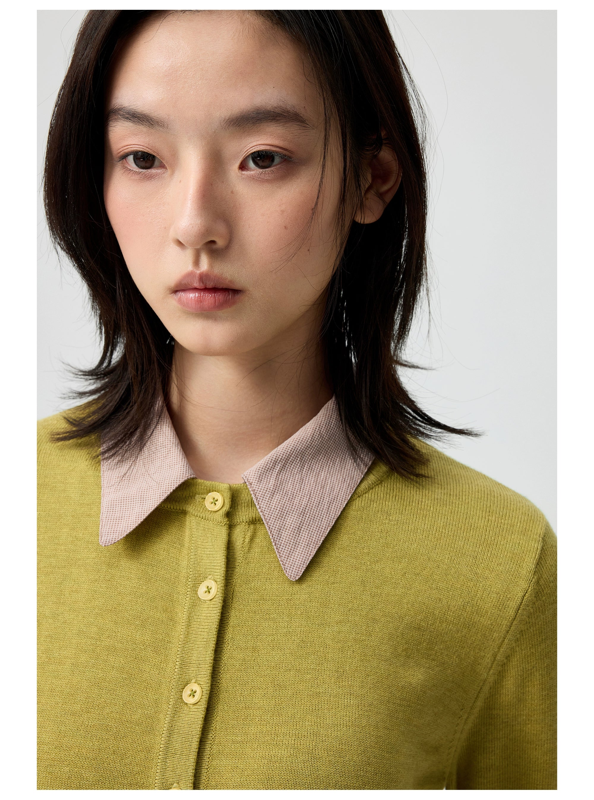 Button-Up Cardigan with Detachable Contrast Collar