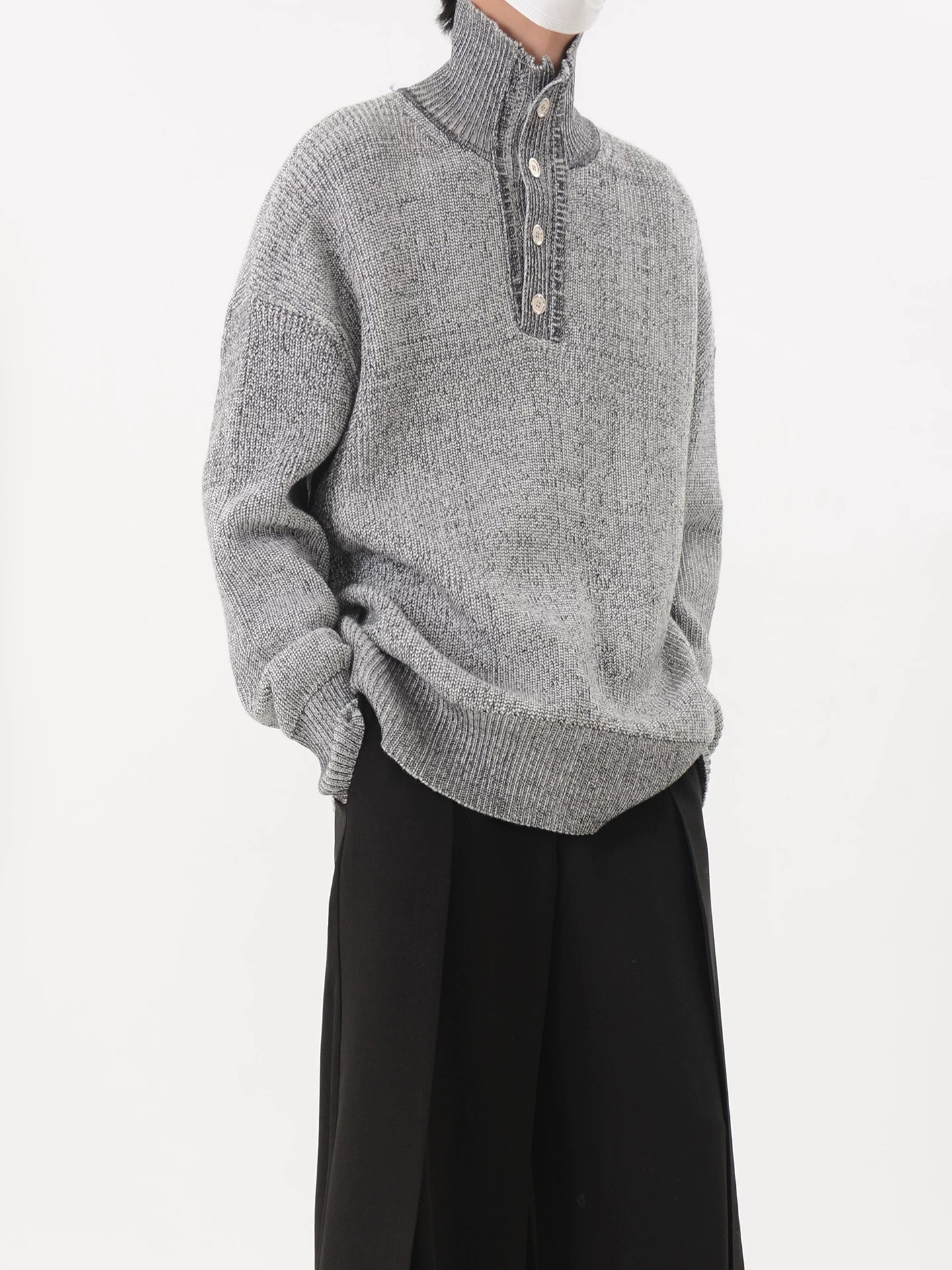 Grey Marled Button-Neck Oversized Knit Sweater