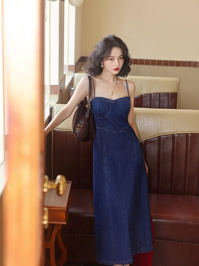 Dark Wash Denim Bustier Midi Dress S / Blue
