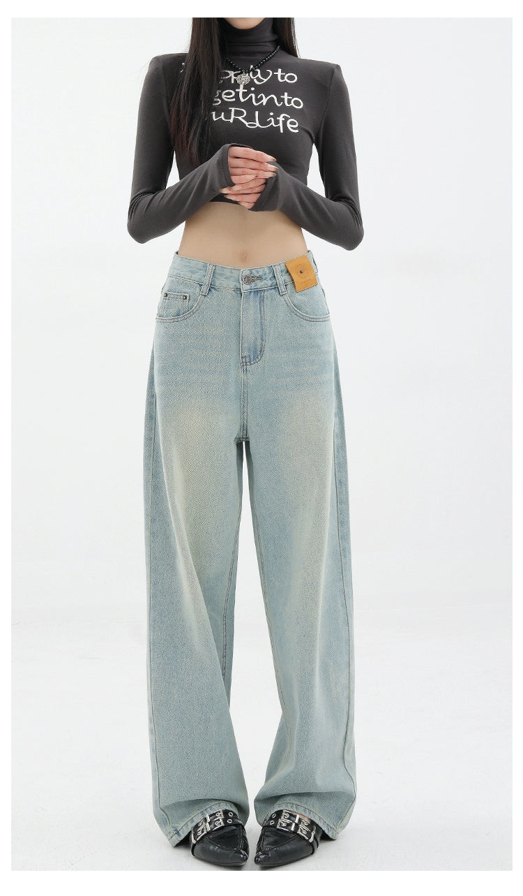 Blue Retro Loose Straight-Leg High-Waist Floor-Length Jeans - chiclara