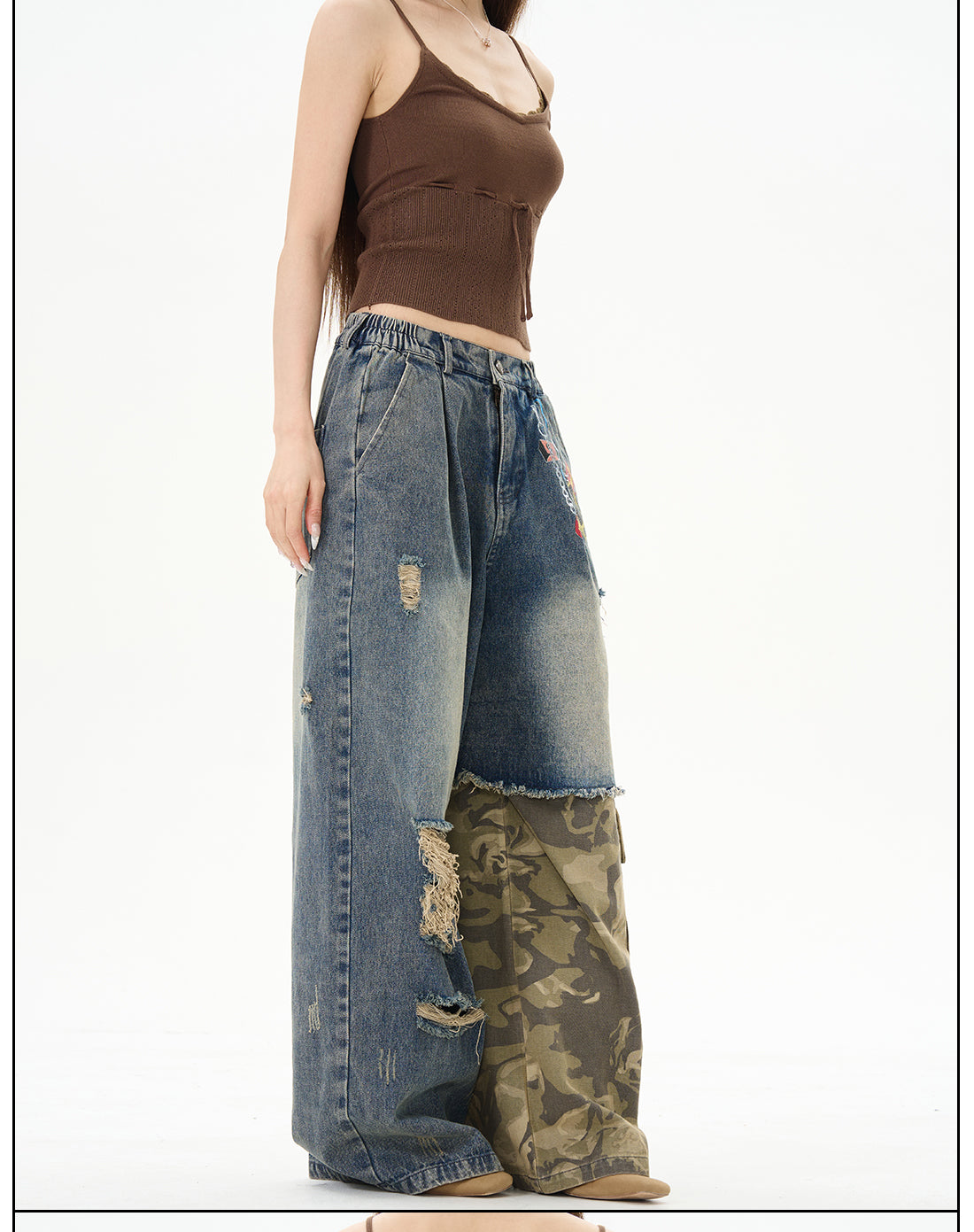 Distressed Patchwork Wide-Leg Denim Jeans