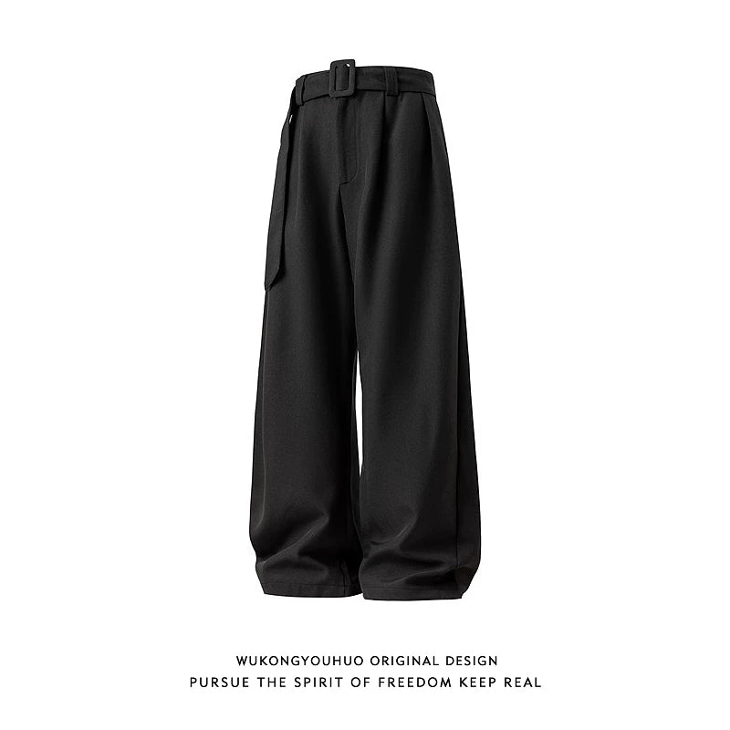 Belted Linen-Texture Curve Trousers