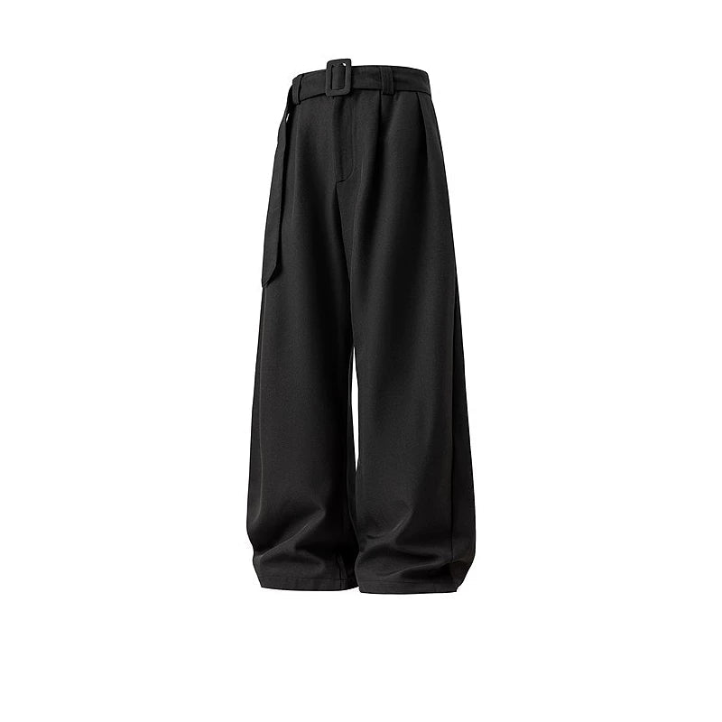 Belted Linen-Texture Curve Trousers
