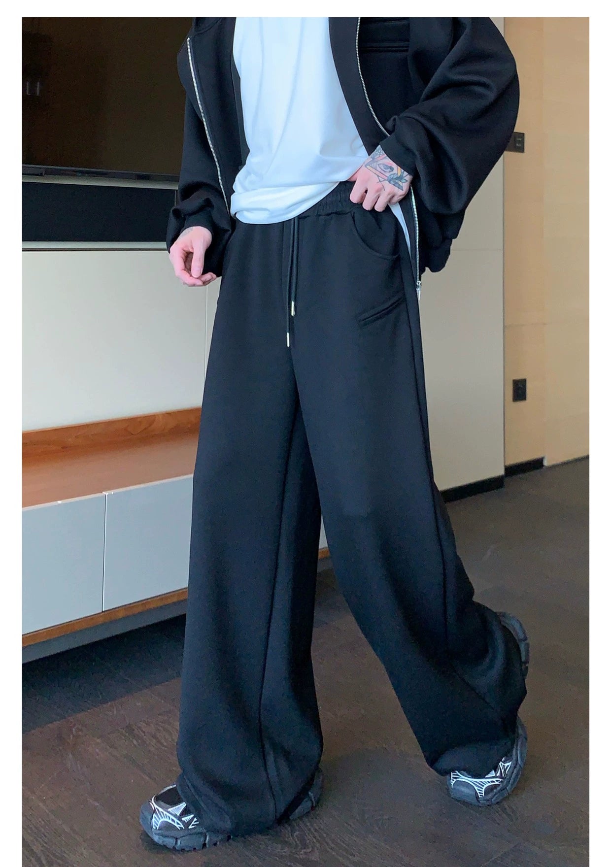 Shoulder-Padded Hoodie Jacket with Straight-Leg Pants Two-Piece Set