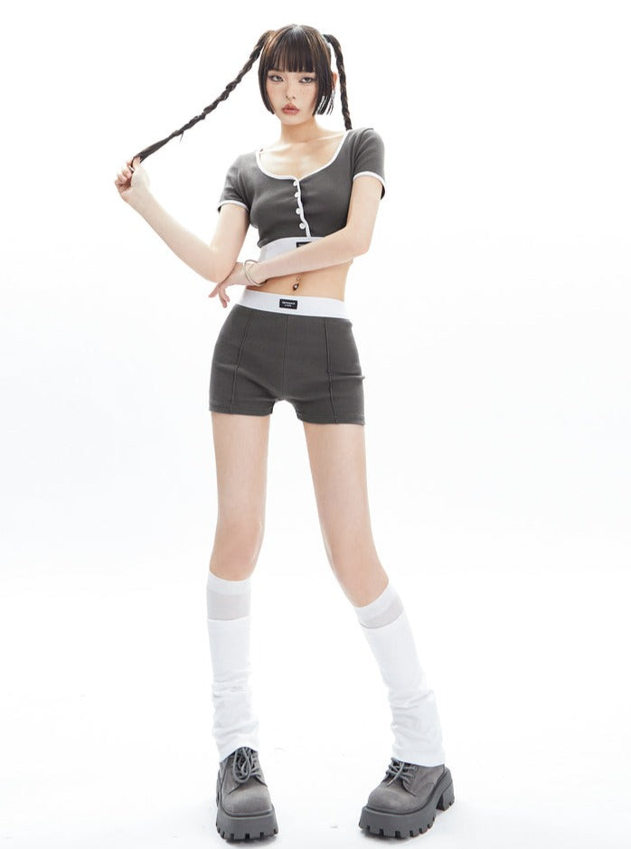 Black and White Contrast Trim Crop Top and Shorts Set