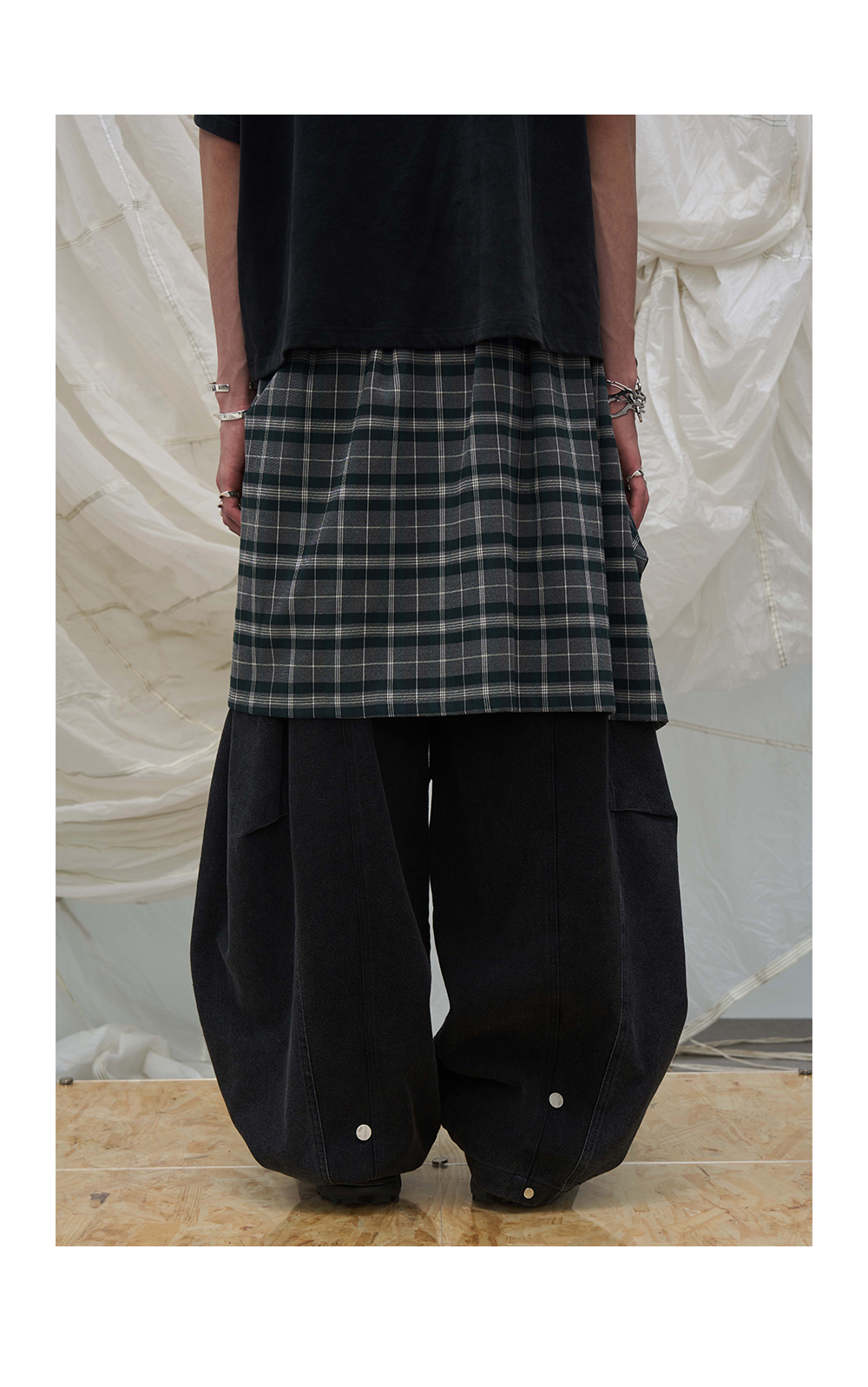 Layered Plaid Balloon Denim Pants