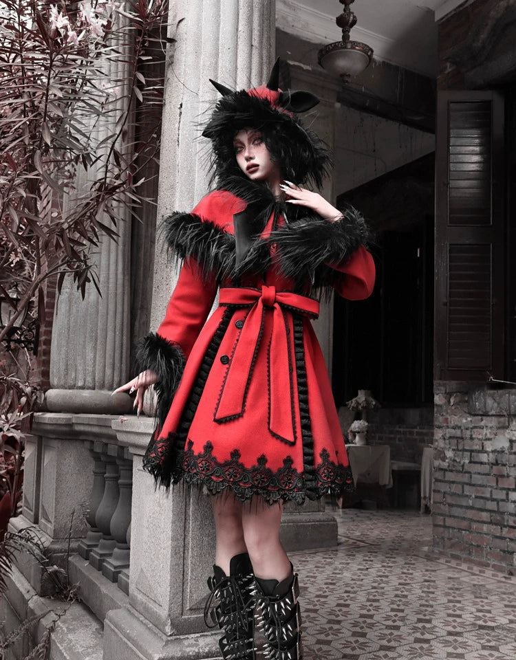 Crimson Faux Fur Trim Gothic Coat Dress