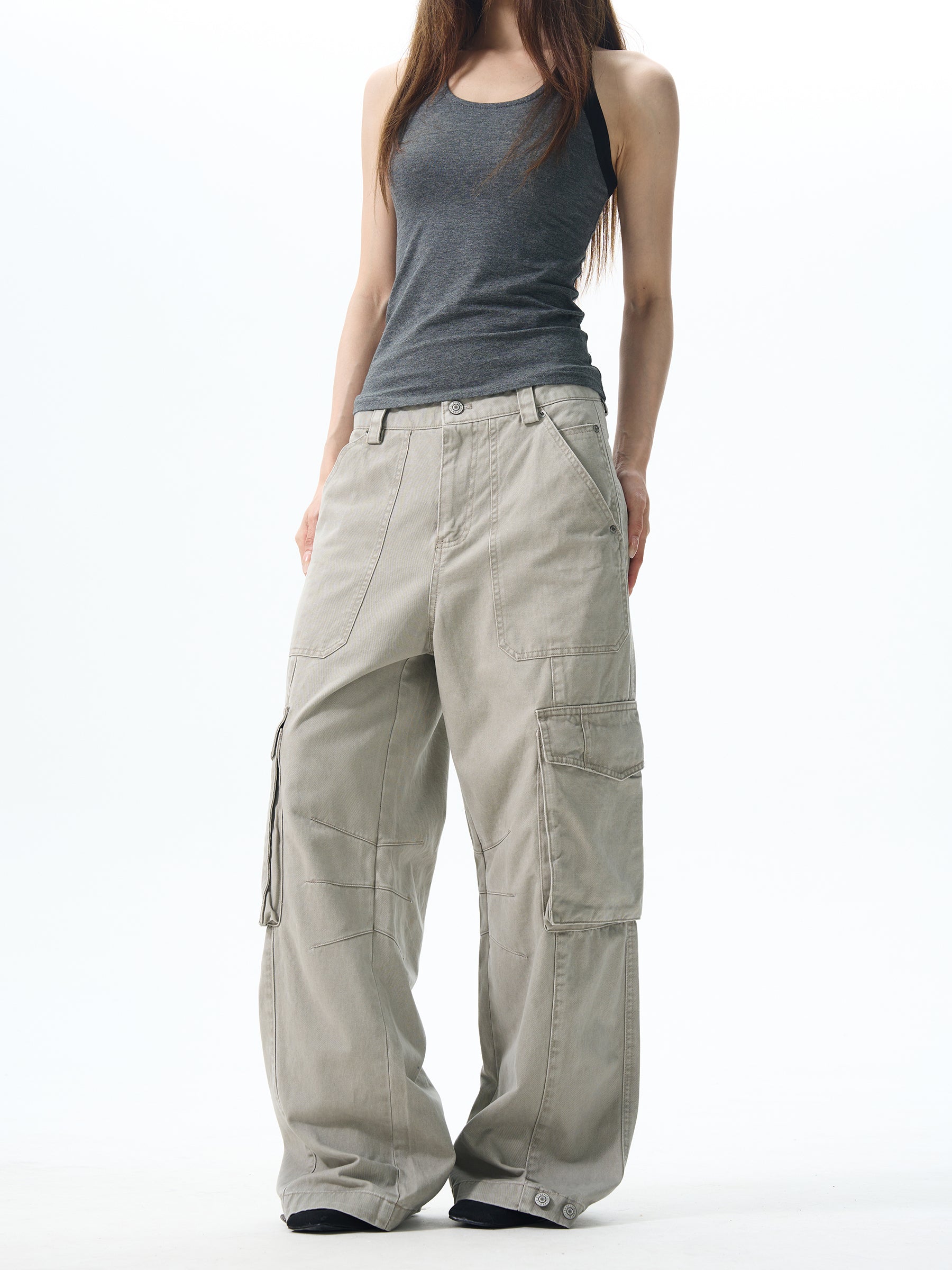 Wide Leg Cargo Pants in  Beige & Black