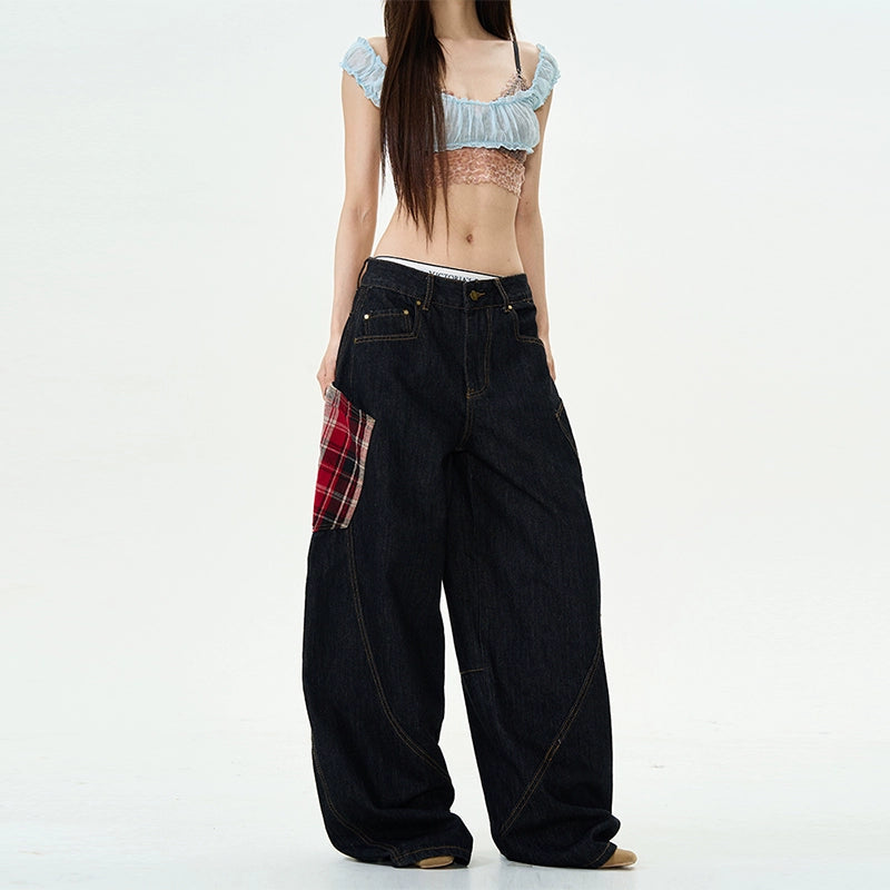 Plaid Patchwork Denim Cargo Pants