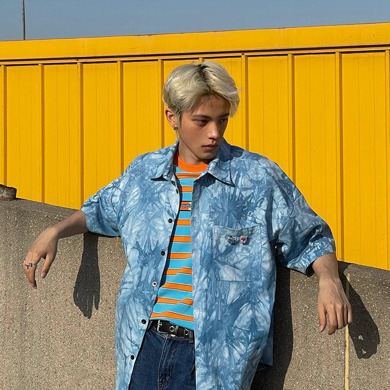블루 타이 다이 반팔 버튼업 셔츠