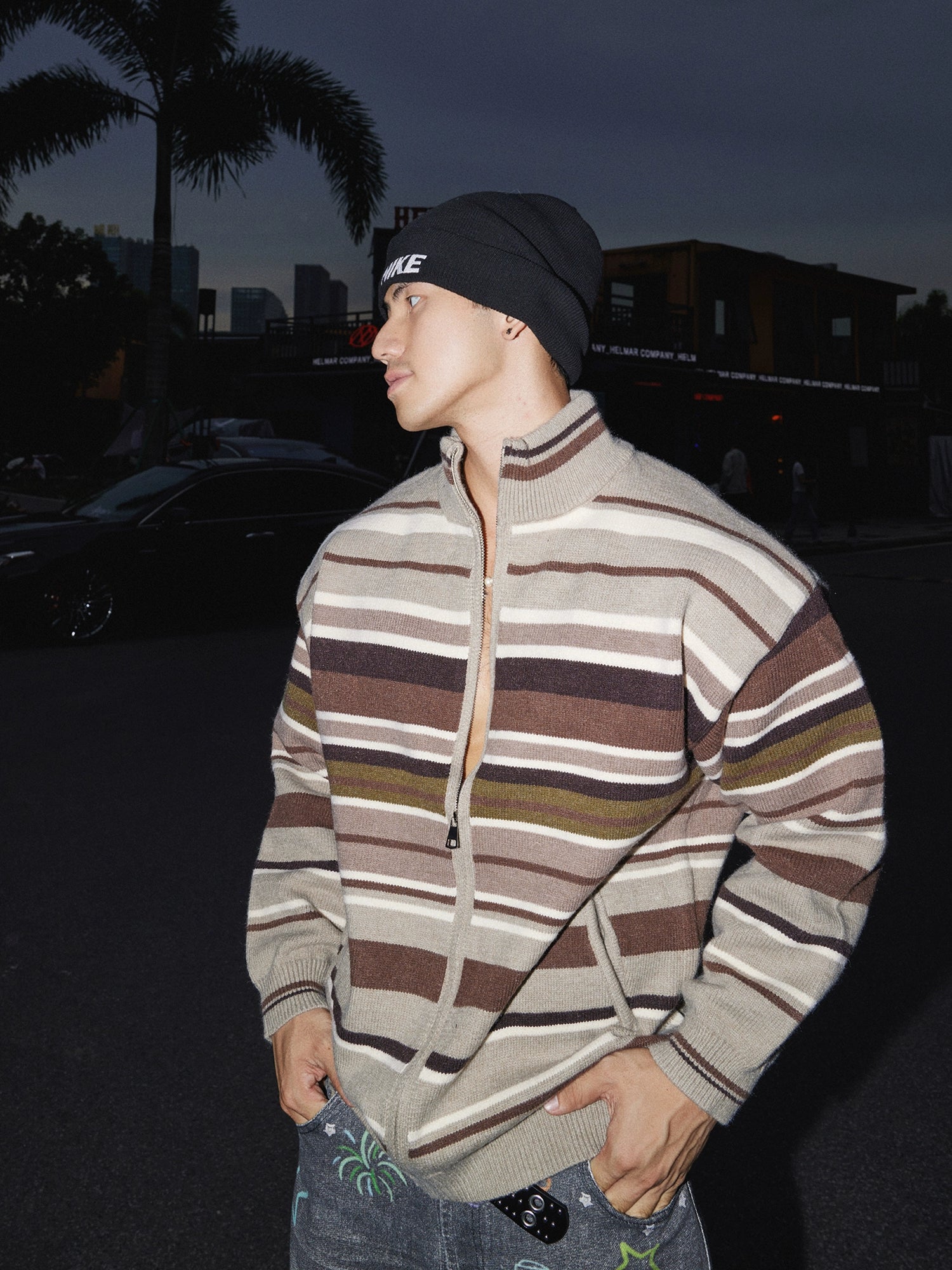 Brown Striped Zip Up Knit Sweater