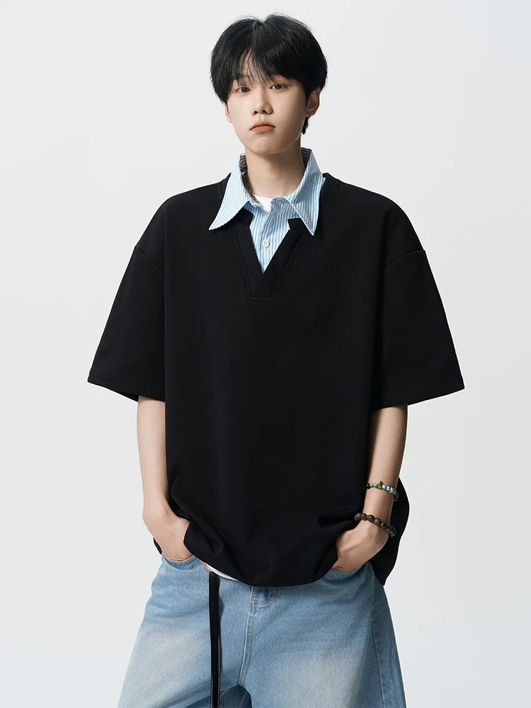 Layered V-Placket Oversize Polo Tee