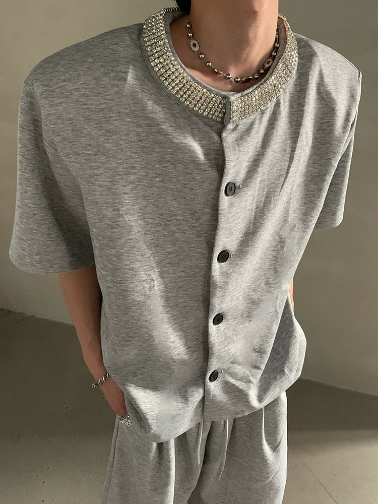 Black Short Sleeve Button-Up Shirt with Embellished Gem Collar