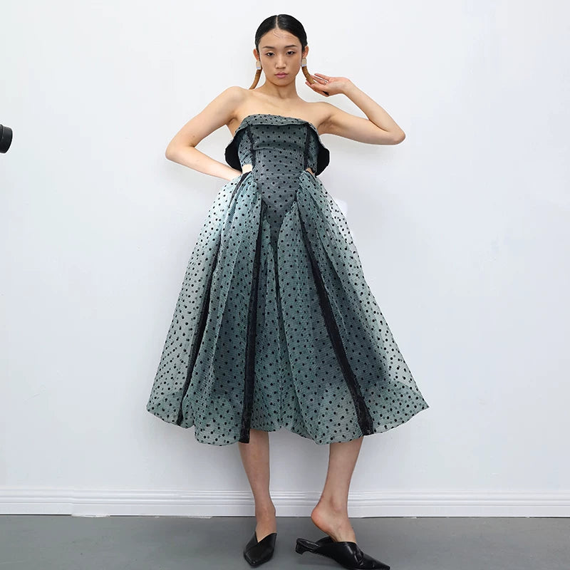 Sage Polka Dot Strapless Midi Dress