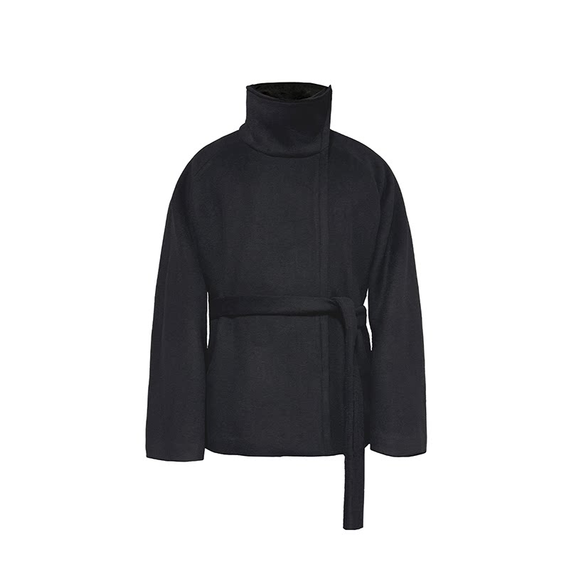 Black Funnel-Neck Belted Wool Coat