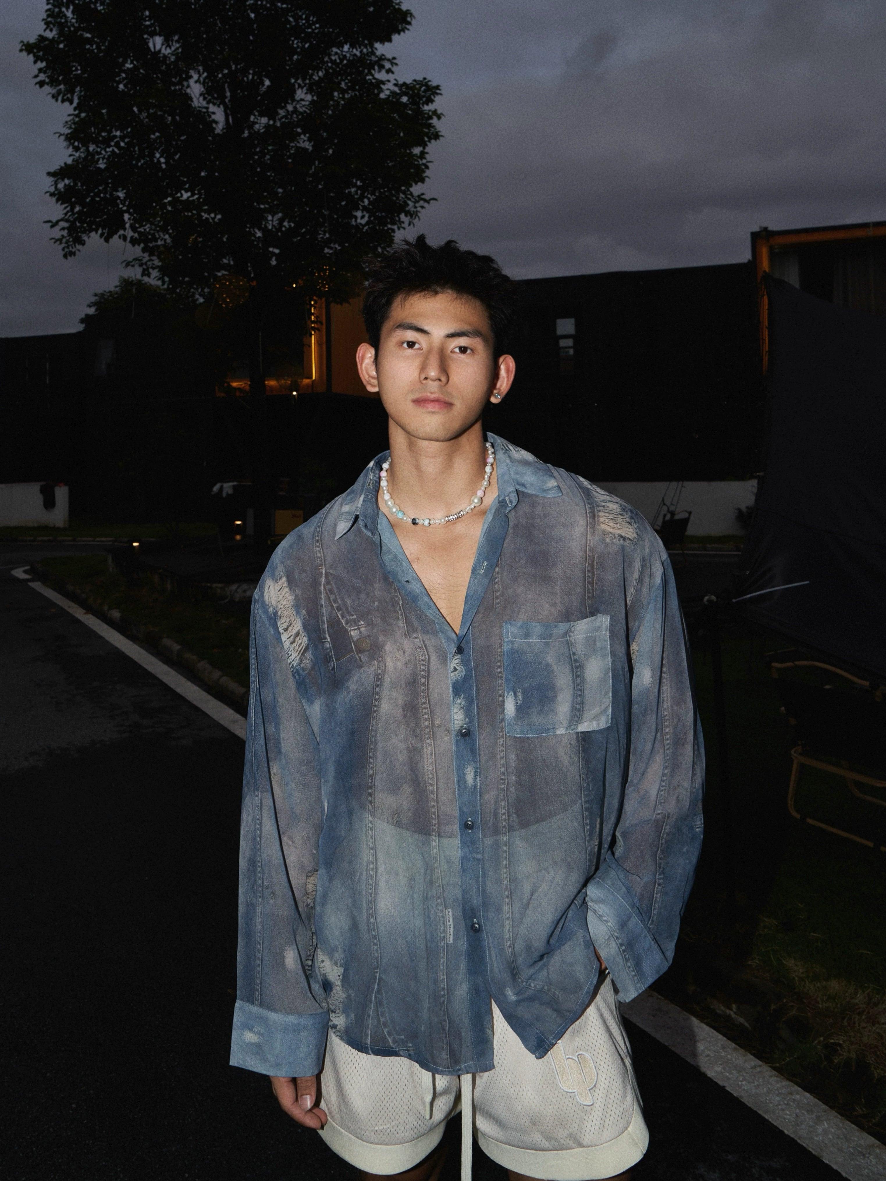 Distressed Denim-Style Sheer Button-Up Shirt