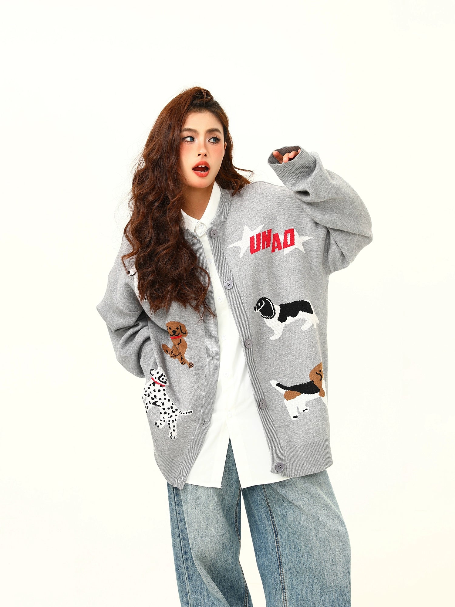 Playful Puppy Pattern Knit Cardigan