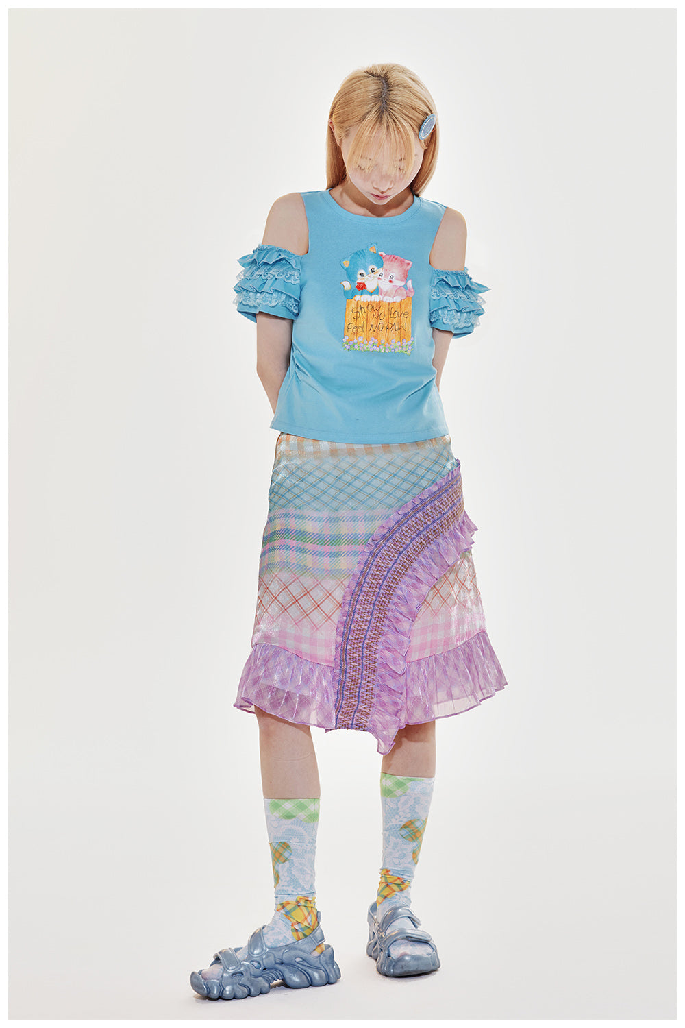 Kitty Print Ruffle Cold Shoulder and T-Shirt