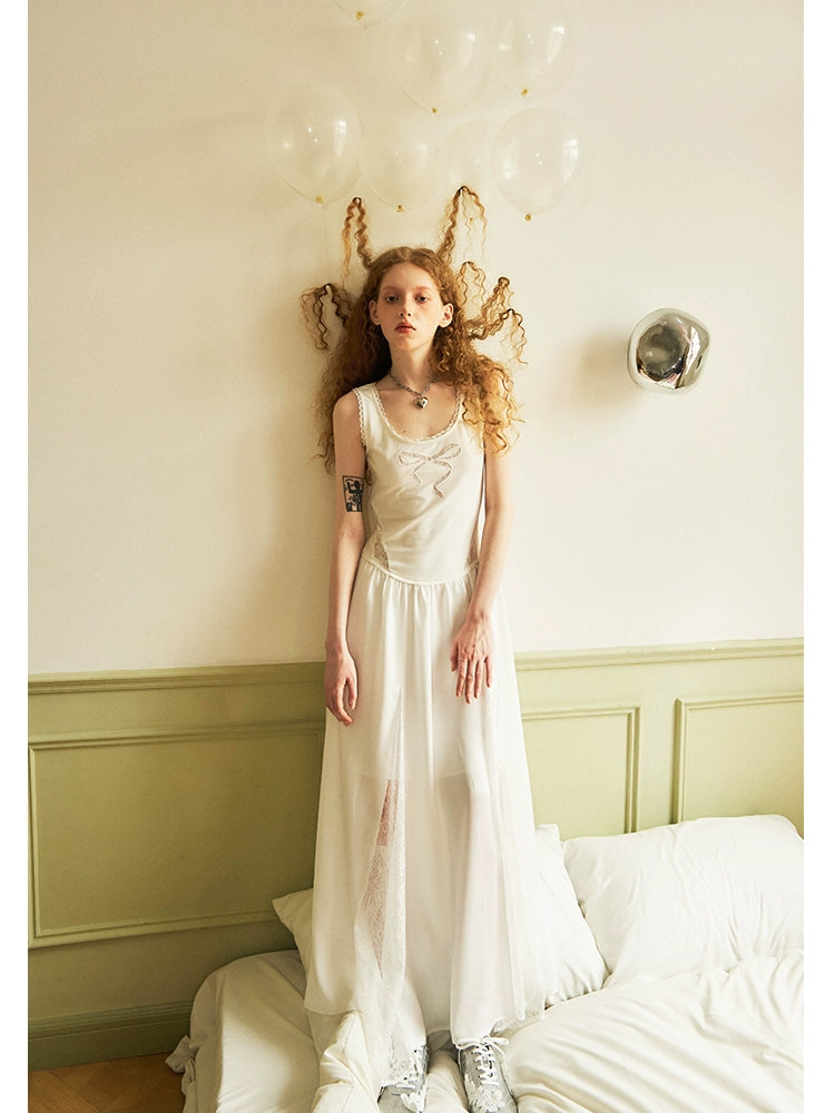 Embroidered A-Line Dress With Bow Detail And Strappy Design - chiclara