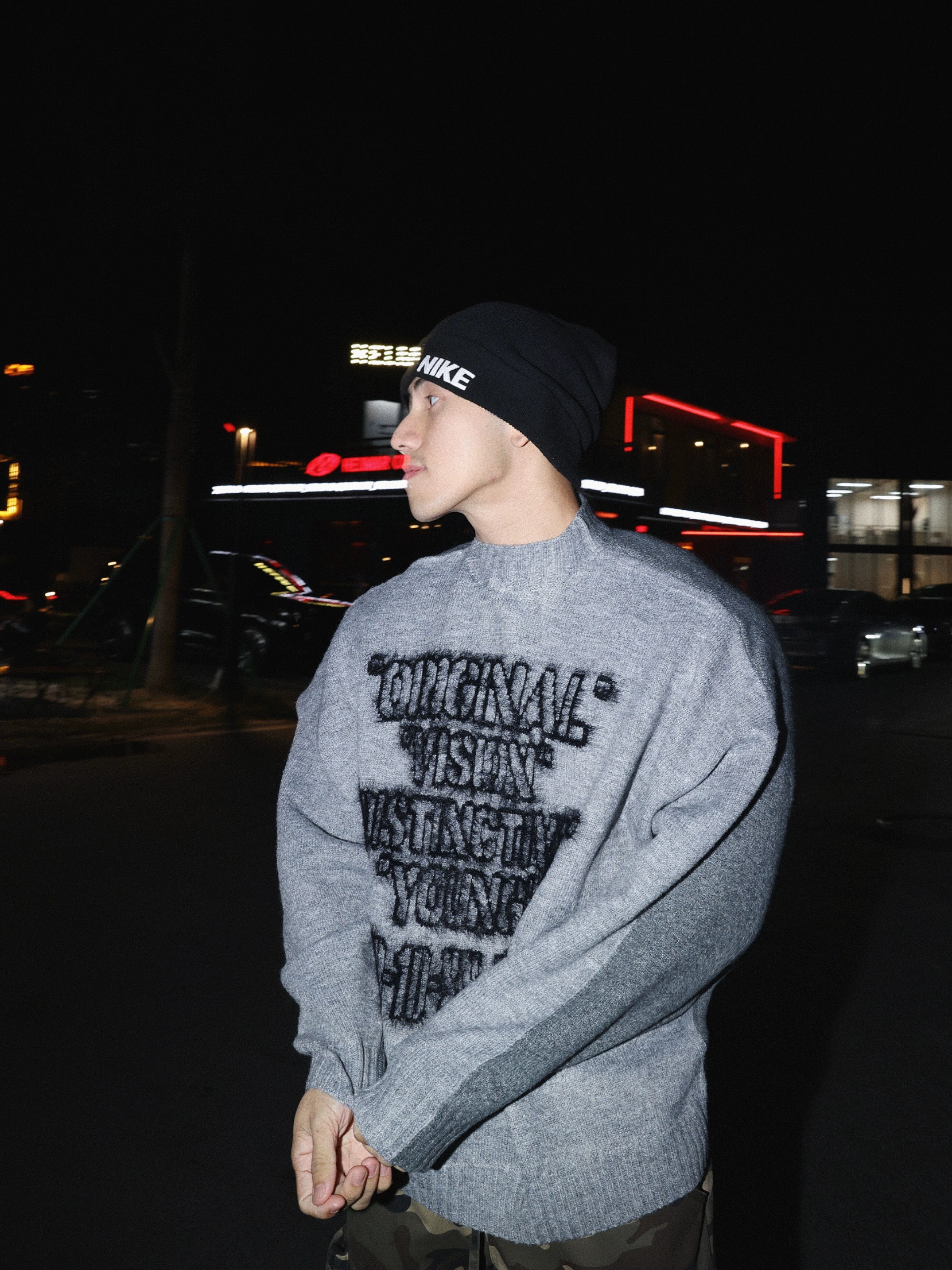 Gray Fuzzy Text Statement Sweater