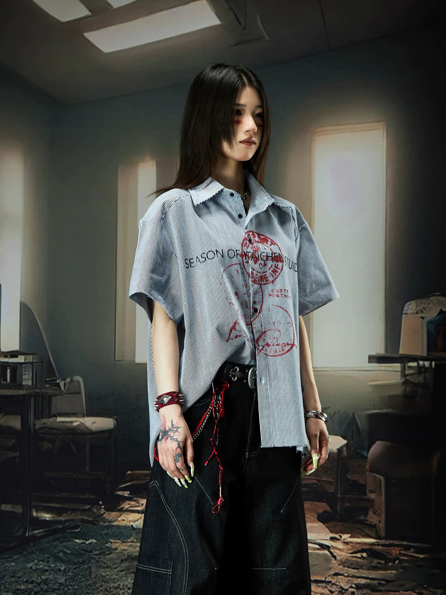 Fearless Graffiti Pinstripe Camp Shirt
