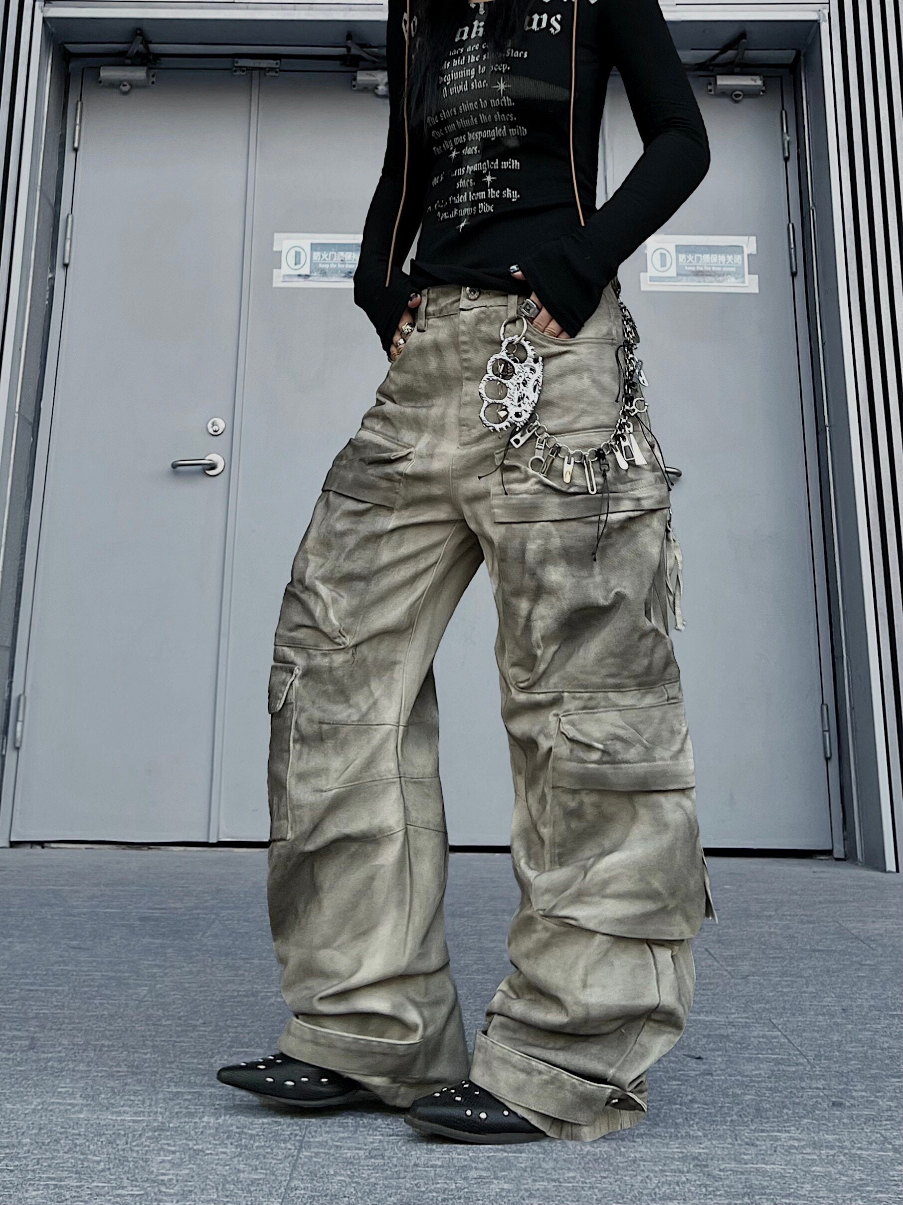 Men's Washed Multi-Pocket Wide-Leg Cargo Pants