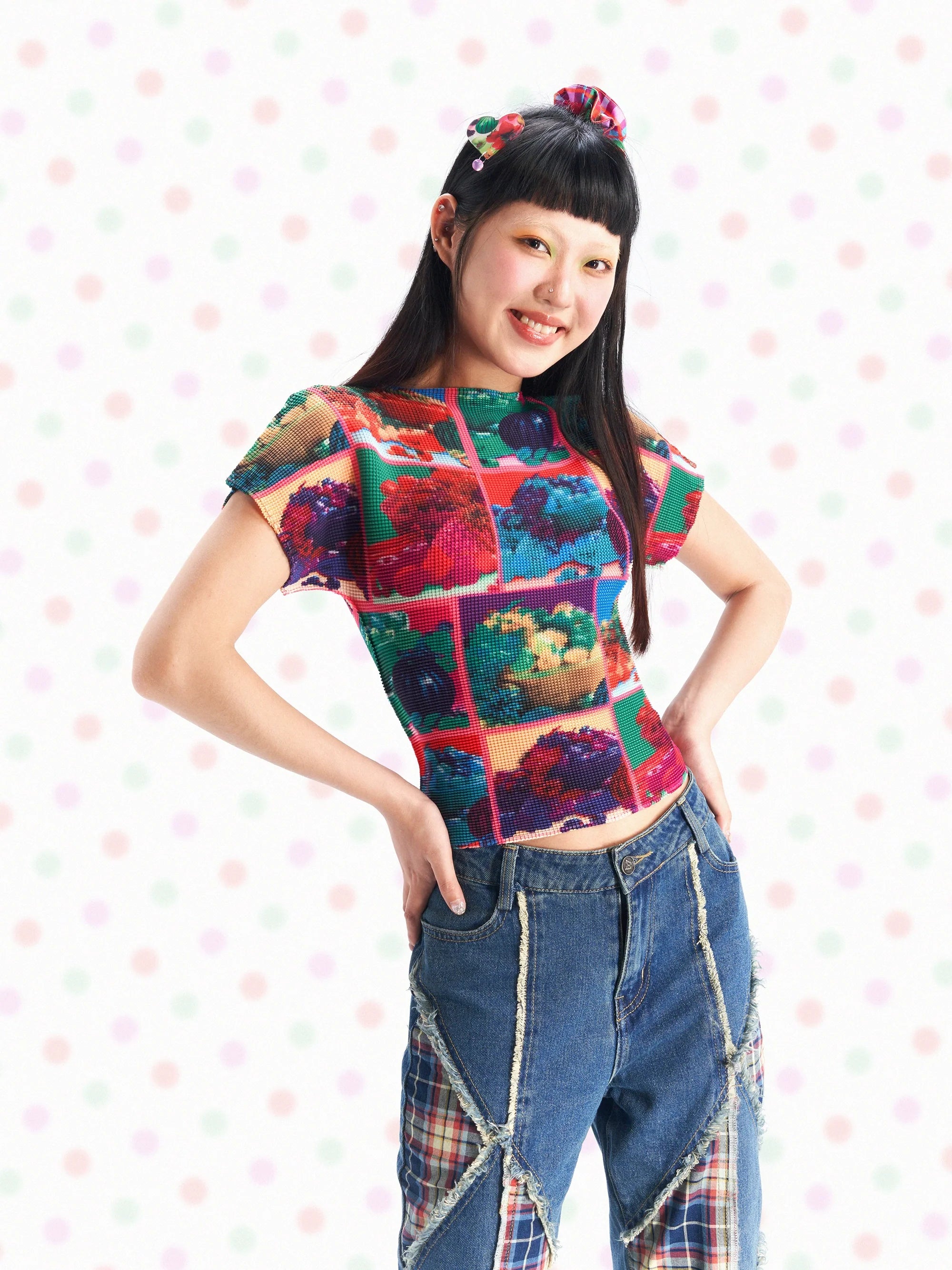 Digital Fruit Print Mesh Crop Top