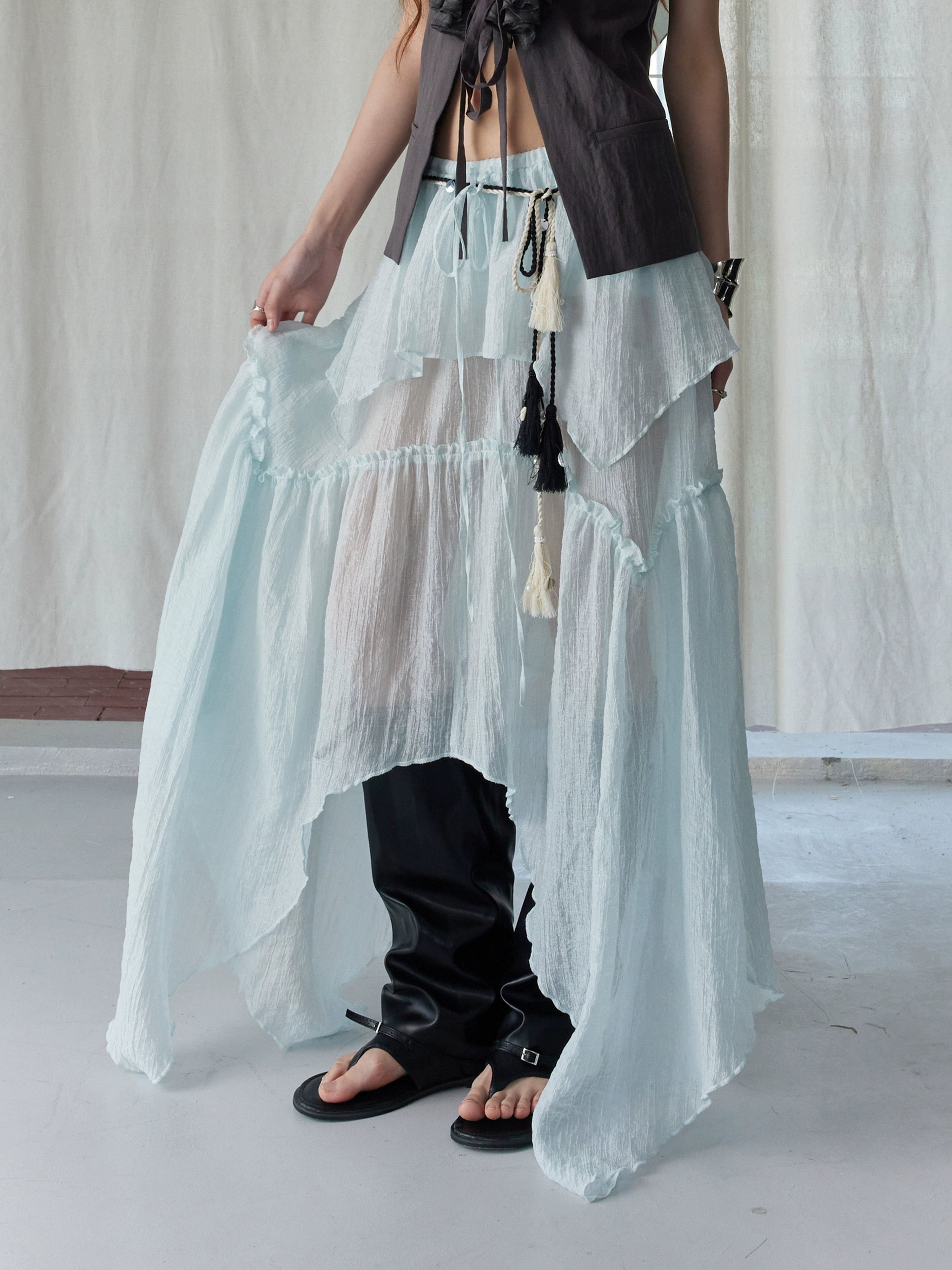 Dark Ruffle Vest & Green Layered Skirt