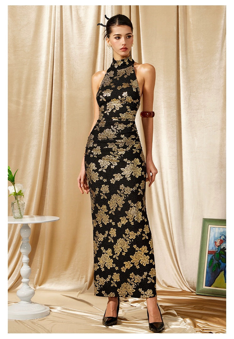 Modern Cheongsam With Gold Print Halter Evening Dress - chiclara