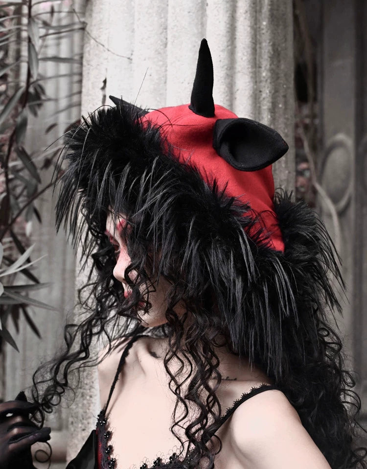 Crimson Devil Horn Faux Fur Hat