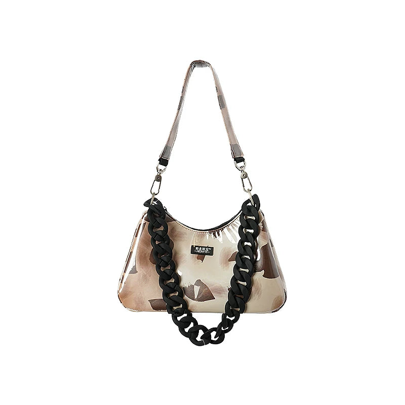 Graffiti Chain Crescent Shoulder Bag - Brown Graffiti